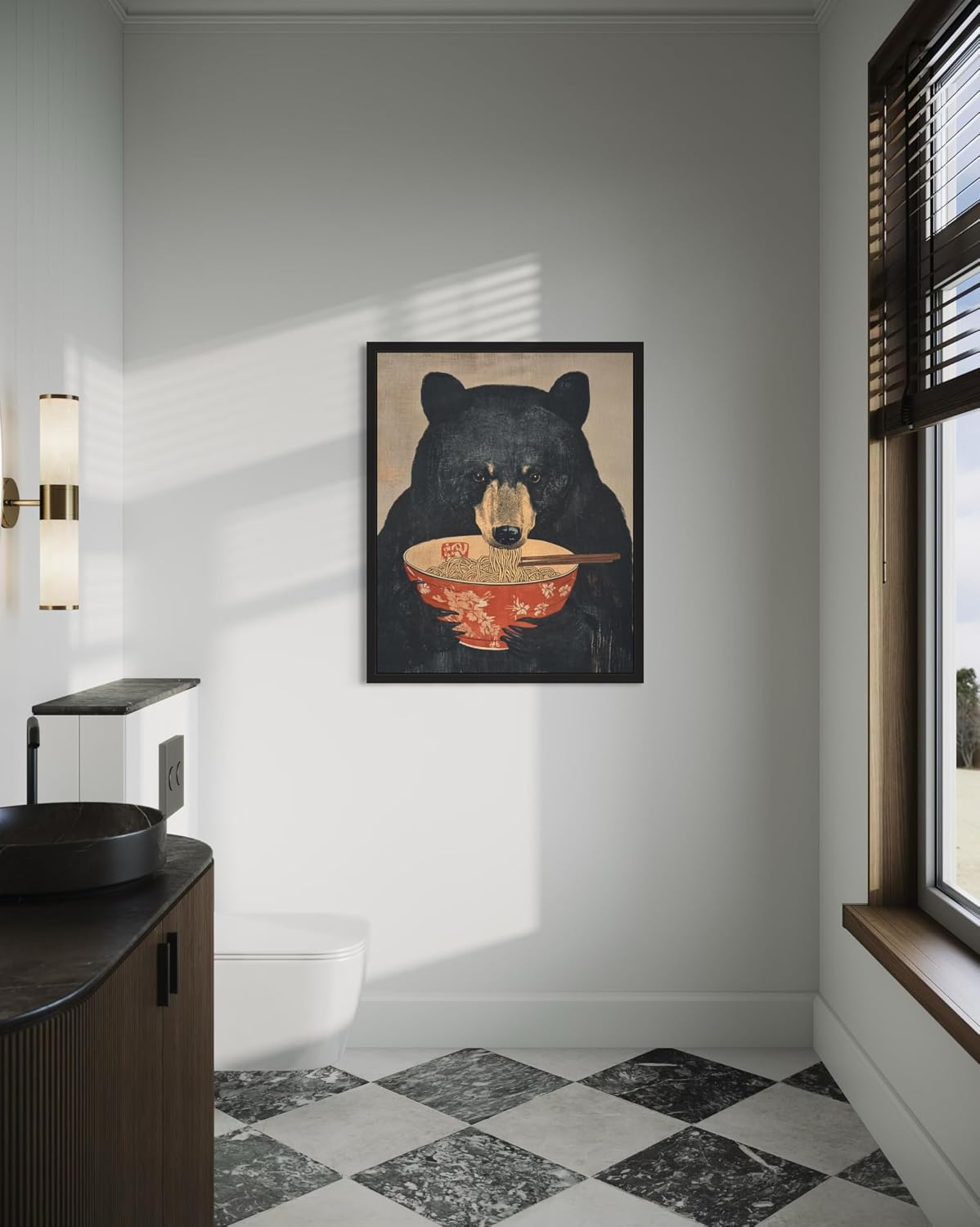 Black Bear Eat Ramen Japanese Wall Art Print Poster, Quirky Animal Poster, Retro Funny Animal Food Art Print, Unique Kitchen Dining Room Wall Decor, Noodle Lover 214 (Black Bear, 11 x 14 inches, Black Frame)