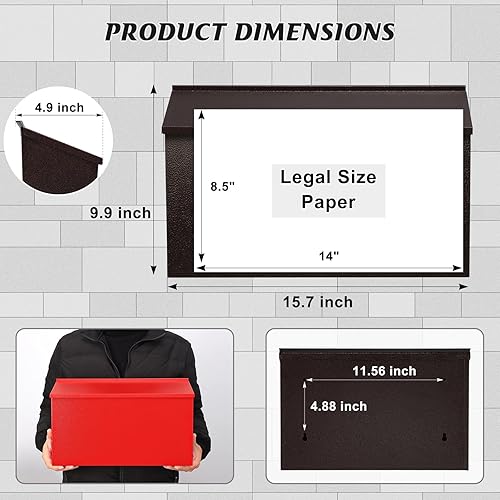 Miniatura 2 de KYODOLED Buzón de montaje en pared, buzón de correo de gran capacidad, buzón de metal de acero galvanizado a prueba de óxido, buzones para exterior,