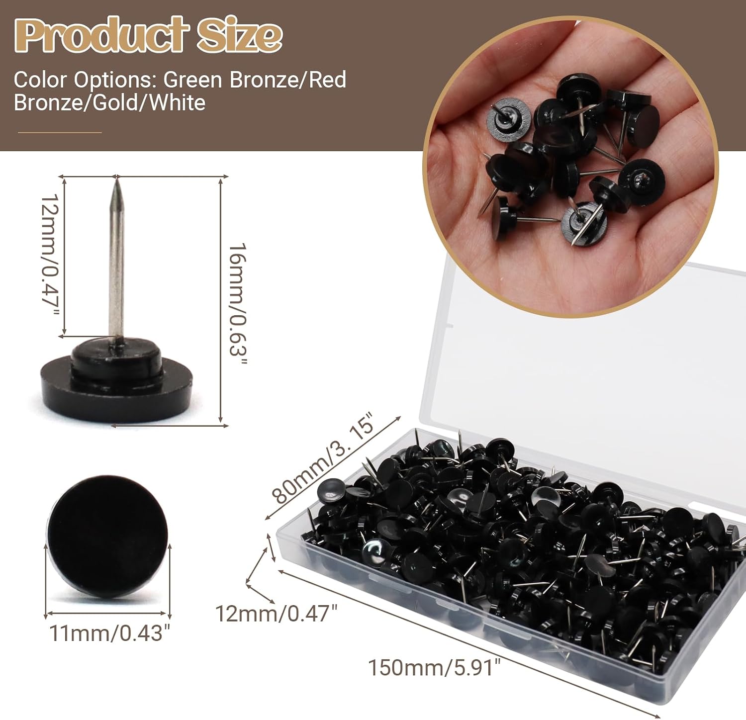 Biaungdo 250 Pcs Black Flat Push Pins, Plastic Thumb Tacks for Cork Board image 2