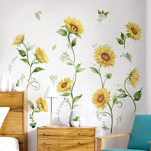 decalmile Calcomanías de pared de girasol de acuarela flores amarillas jardín floral pegatinas de arte de pared dormitorio sala de estar TV fondo