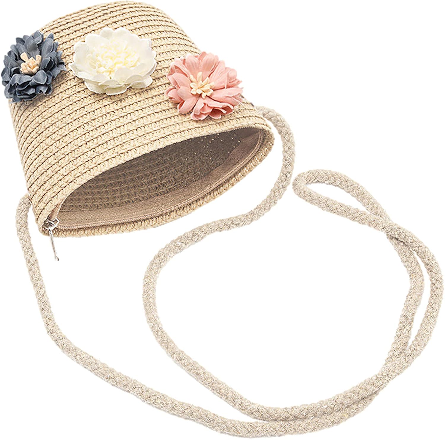 Girls Straw Hat Purse Bag Set Lace Brim Flowers Pearl Summer Beach Sun Hat Princess Shoulder Crossbody Bag Chin Strap - Image 3