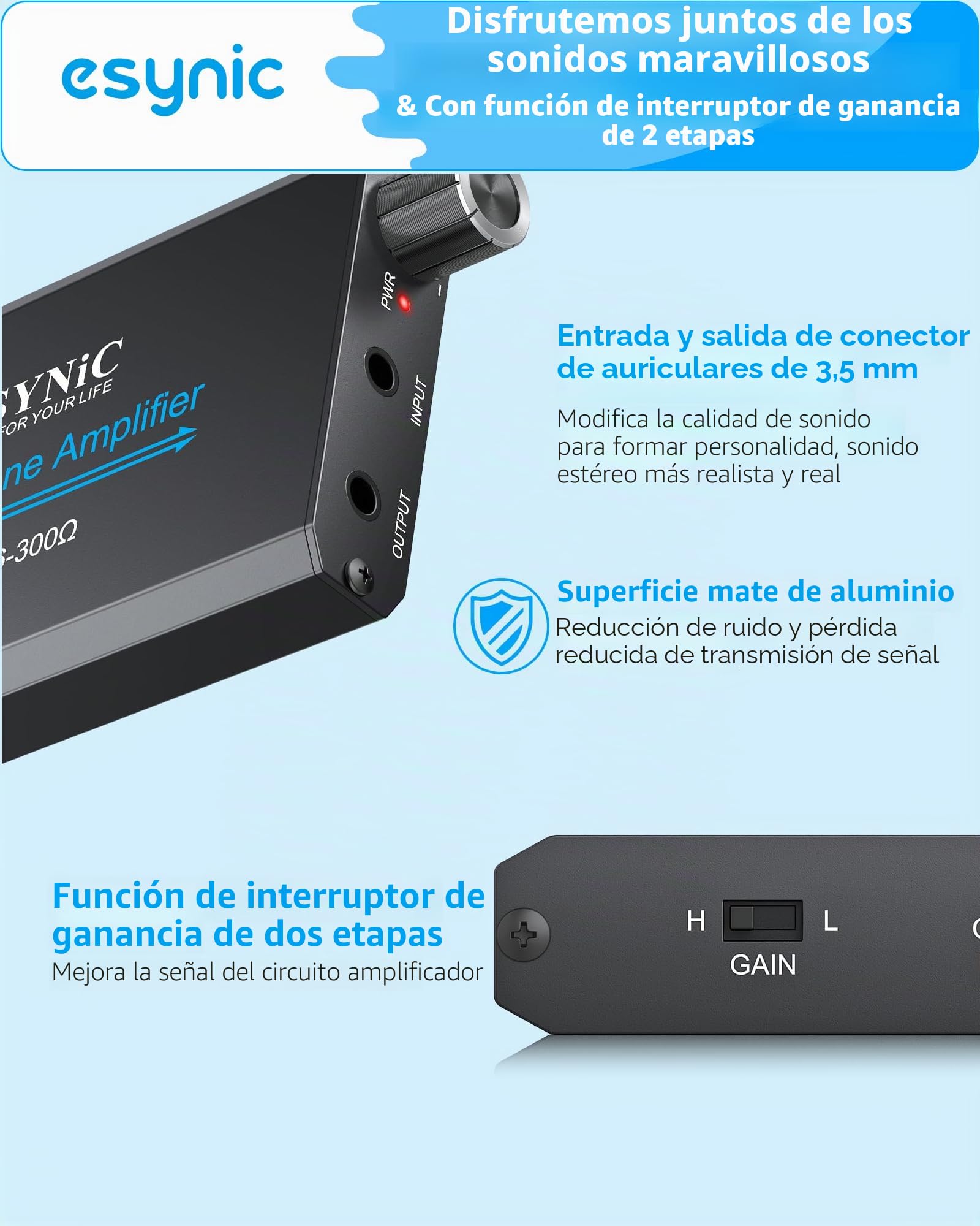 eSynic Amplificador de Auriculares Portátil HiFi 3.5mm Audio Jack Soporte 16-300Ωcon Interruptor de Ganancia de Dos Etapas Cable USB y Cascara de Aluminio para Teléfonos MP3 MP4