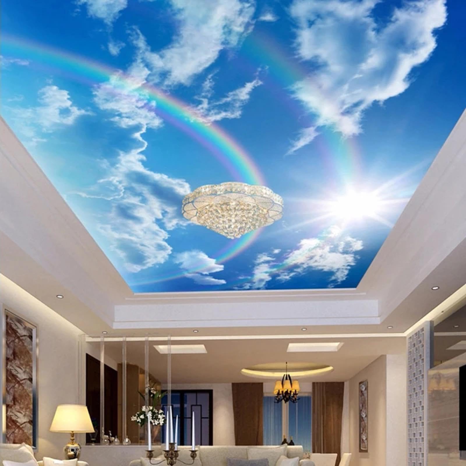 Décoration intérieure pour plafond style ciel bleu et nuages arc-en-ciel