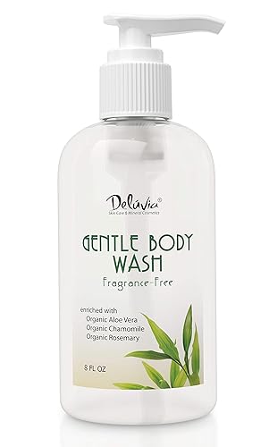 Deluvia Gentle Body Wash, gel de baño hidratante con aloe vera, aceite de semilla de jojoba orgánico, aceite de almendras dulces y vitamina E, sin