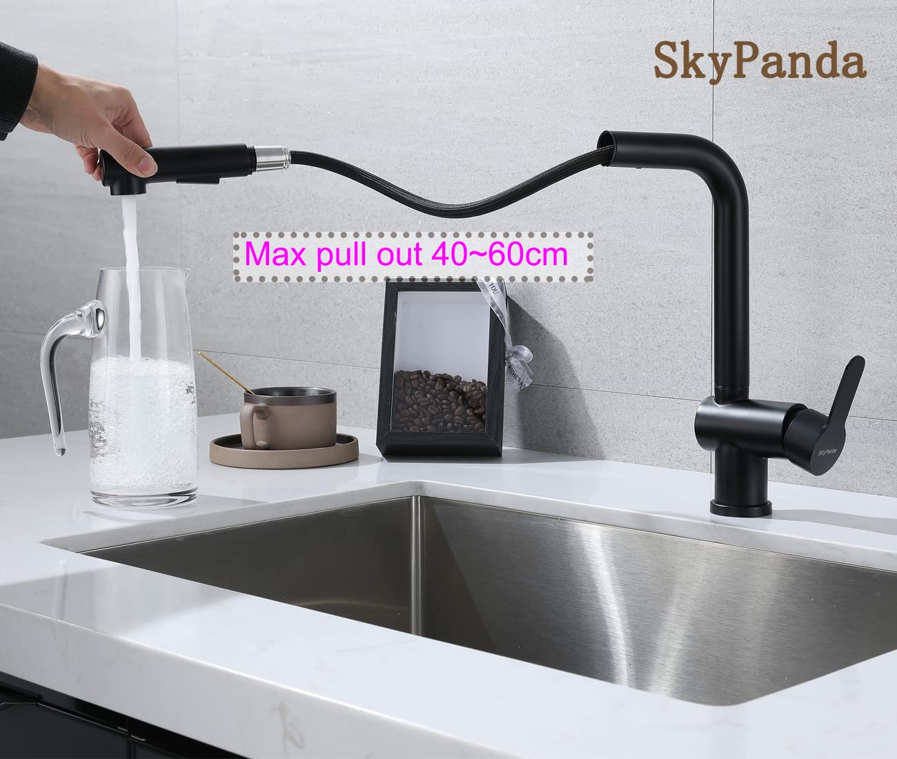 SkyPanda - Rubinetto da cucina con rubinetto mobile, doccetta con 2 modalità di spruzzo, girevole a 360° con miscelatore spruzzatore estraibile, in acciaio inox SUS304, colore nero opaco