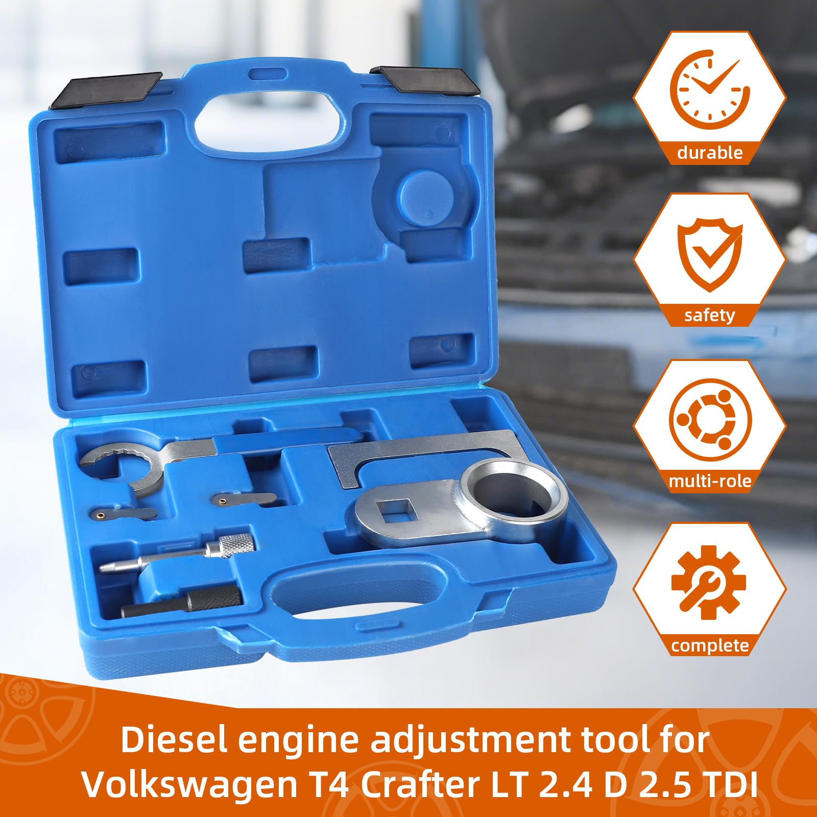EXLECO Set di attrezzi per l'installazione del motore, VW T4 Crafter LT 2.4 D & 2.5 TDI, cinghia dentata, strumento temporizzazione, albero a camme, blocco motore, strumento di bloccaggio diesel