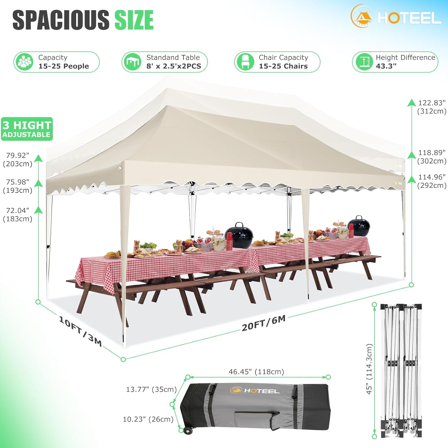 HOTEEL 10x20 Pop up Canopy Tent Without Sidewall Easy Up Commercial Outdoor Wedding Party Tents for Parties All Season Wind & Waterproof Gazebo Roller Bag, Khaki