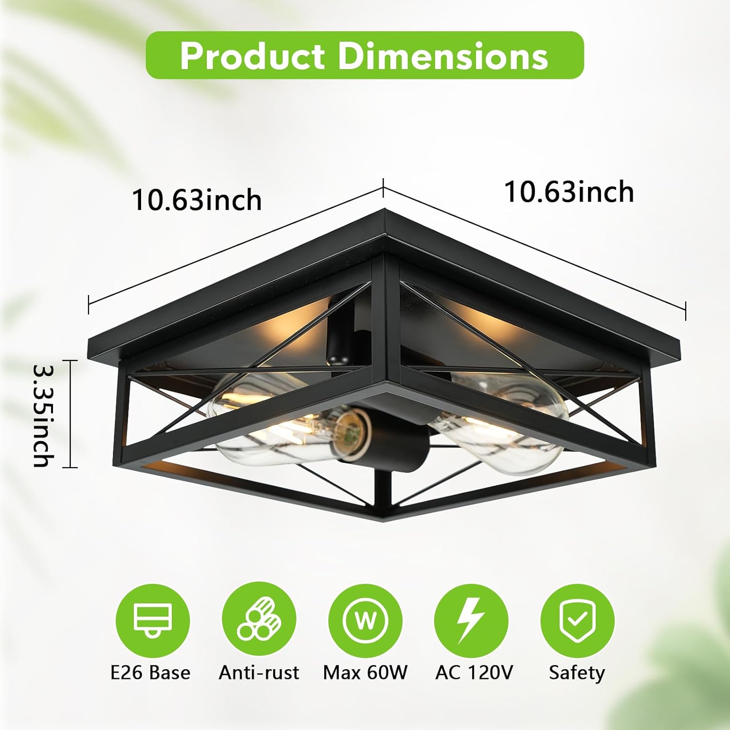 2 Pack Farmhouse Ceiling Light Fixture - Industrial Square Modern Black Flush Mount Ceiling Light for Kitchen, Hallway, Bedroom, Balcony, Porch, Stairway, E26 (Black, 10 Inch)