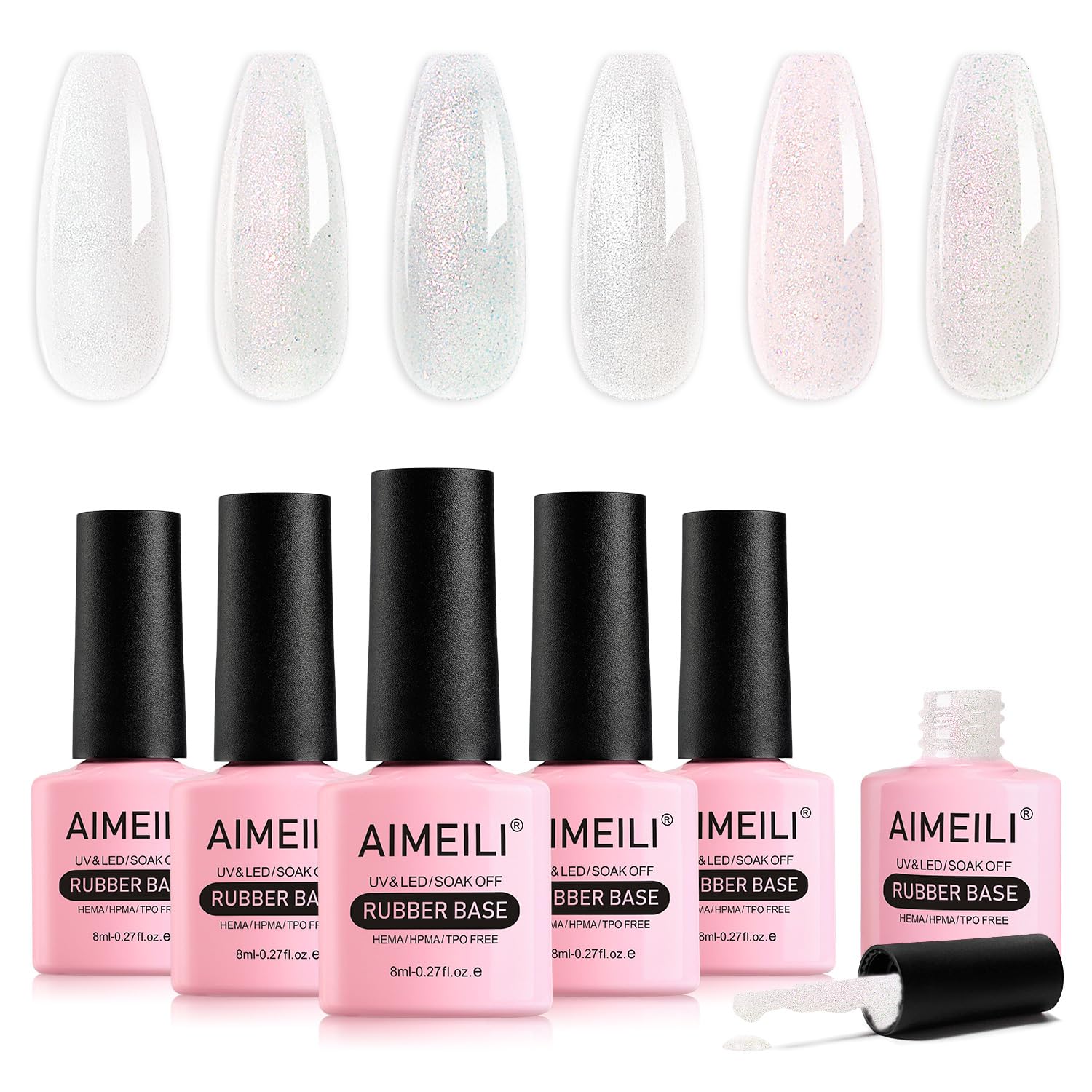 AIMEILI 5 en 1 esmalte de uñas con base de caucho, esmalte de uñas con base transparente empapado en UV/LED, gel adhesivo de strass para uñas - 6x8ml-Set 52