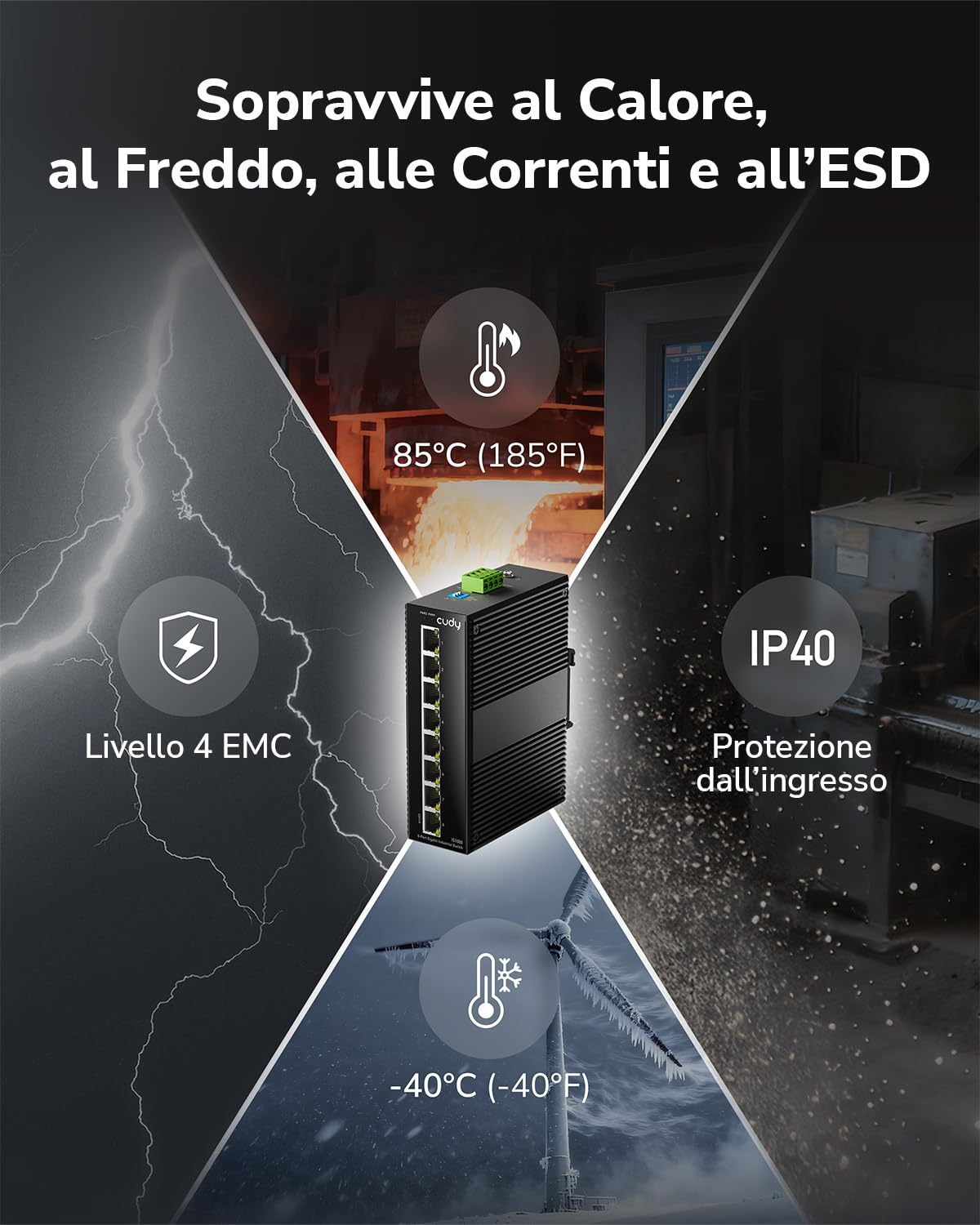 Cudy Switch Gigabit Industriale 8 Porte, Guida DIN, -40~75C, Doppia Alimentazione, IG1008 | 8x Gigabit, Guida DIN/Parete, -40~75C, Doppio DC 12-48V, IP40 Metallo, ESD/Sovratensione, senza ventola, Plug Play