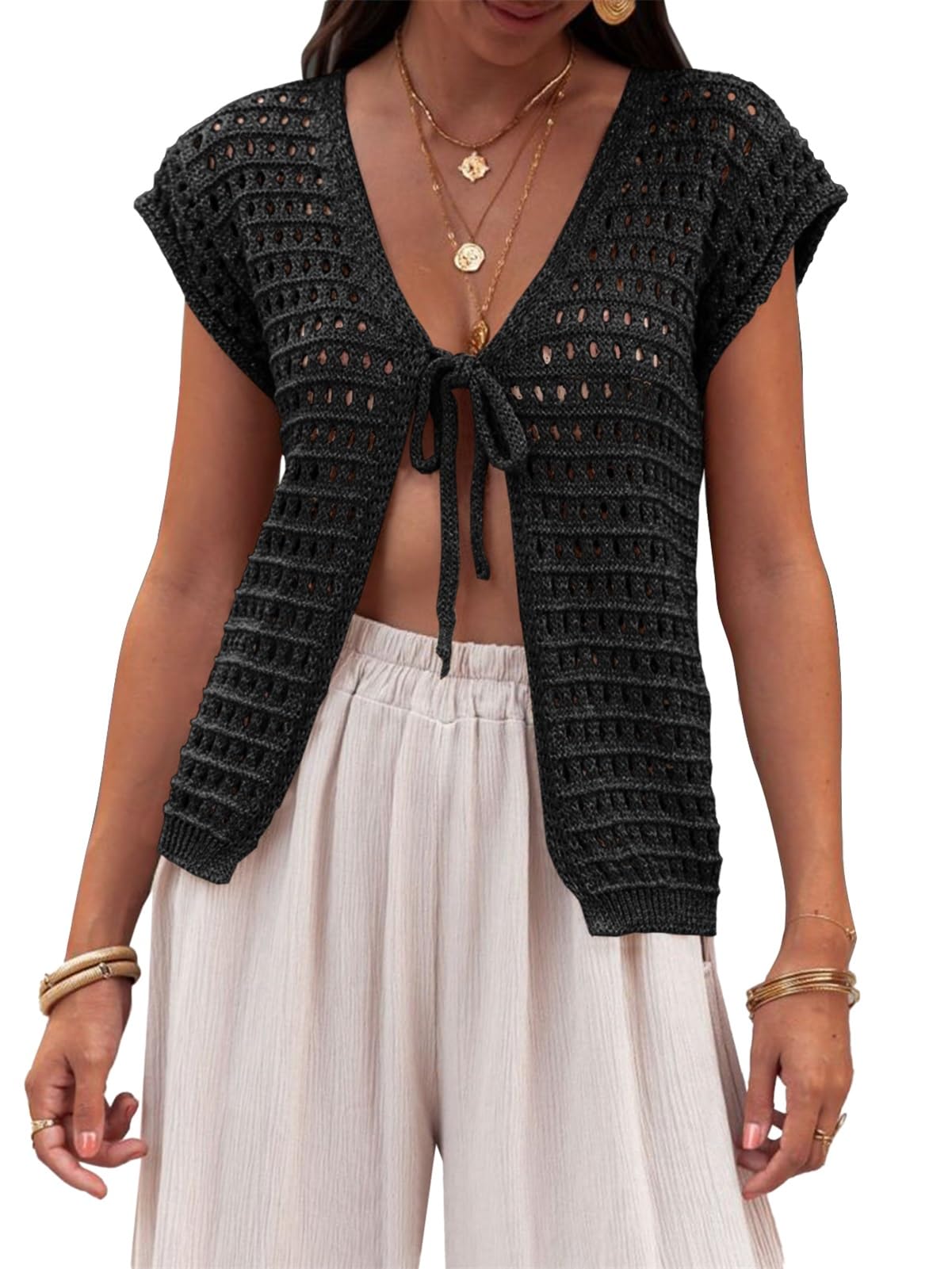 Saodimallsu Damen Sommer Strickjacke V-Ausschnitt Sexy Boho Tops Kurzarm Open Front Strickpullover Crochet Leichte Strand Bikini Cover Up Kurze Cardigan