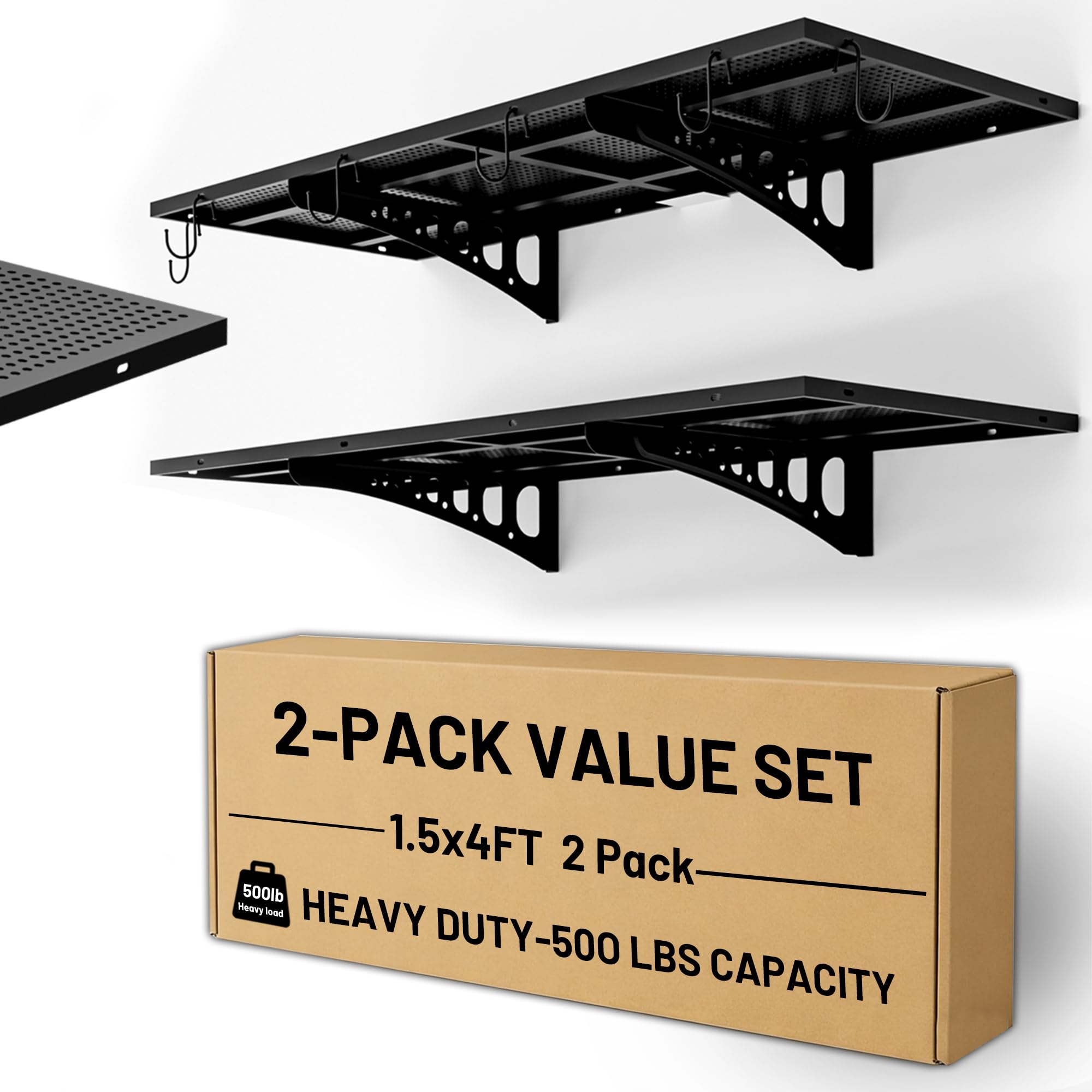 Cuguords 2-Pack 1.5x4ft Garage Wall Shelving, 500 Lbs Heavy Duty Garage Shelving Wall Mounted, Flat Metal Rack With Complete Install Kit & Hooks, Black