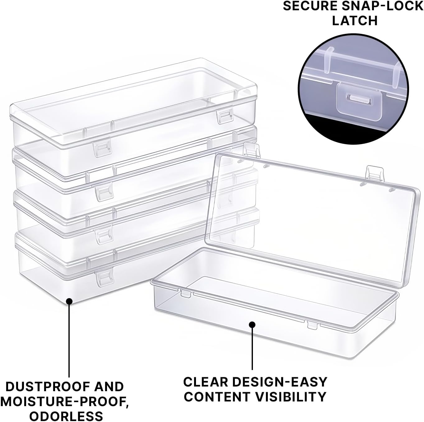 8 Pack Small Rectangle Organizer with Hinged Lid, Clear Plastic Storage Containers Box with Stickers, Small Plastic Case for Jewelry, Beads, Crafts, Game Pieces, Business Cards