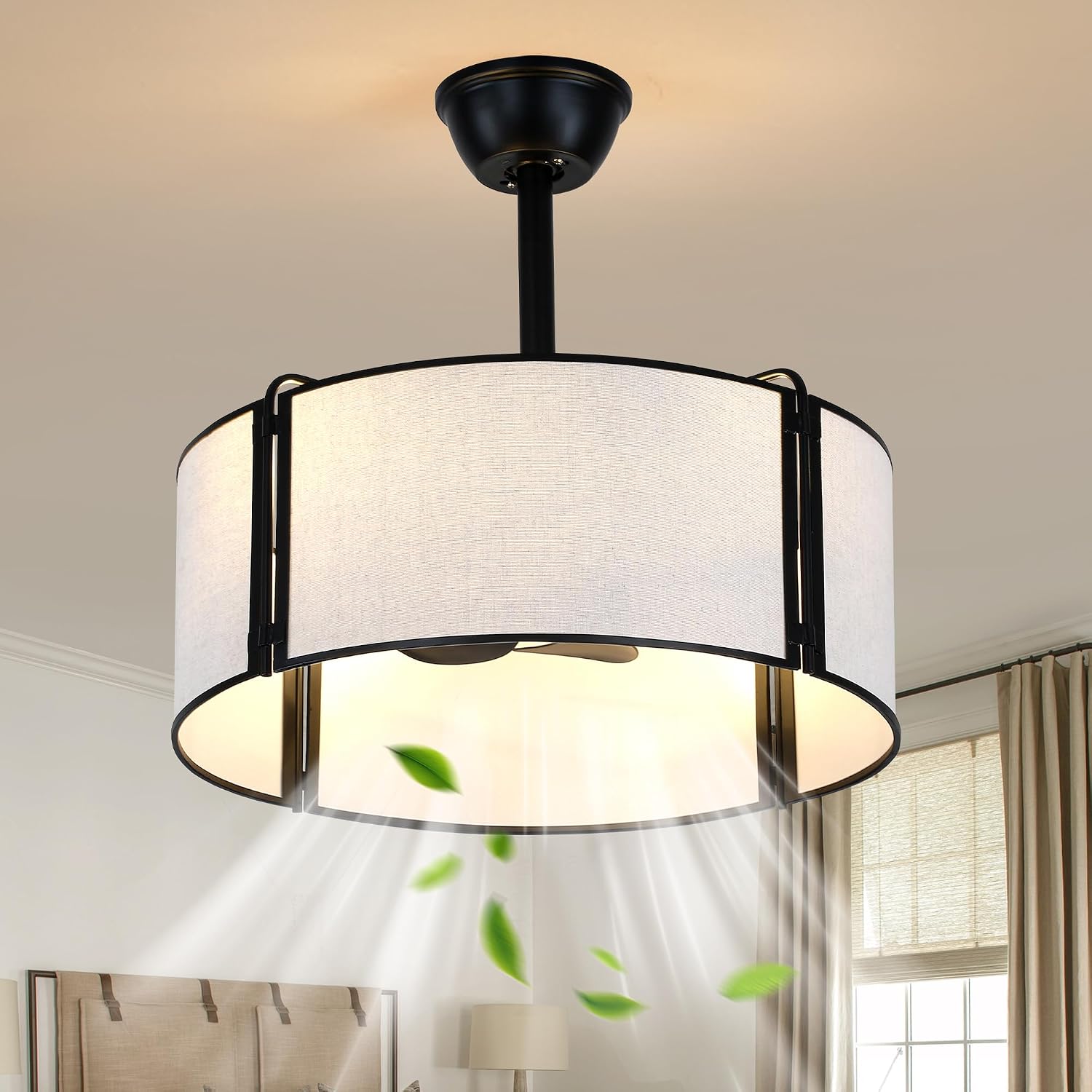 Dawn Whisper 20" Low Profile Boho Ceiling Fans with Lights Remote Black Rustic Farmhouse Fabric Chandelier Ceiling Fan for Nursery Bedroom Living Room Quiet DC Motor 6 Speeds Timer