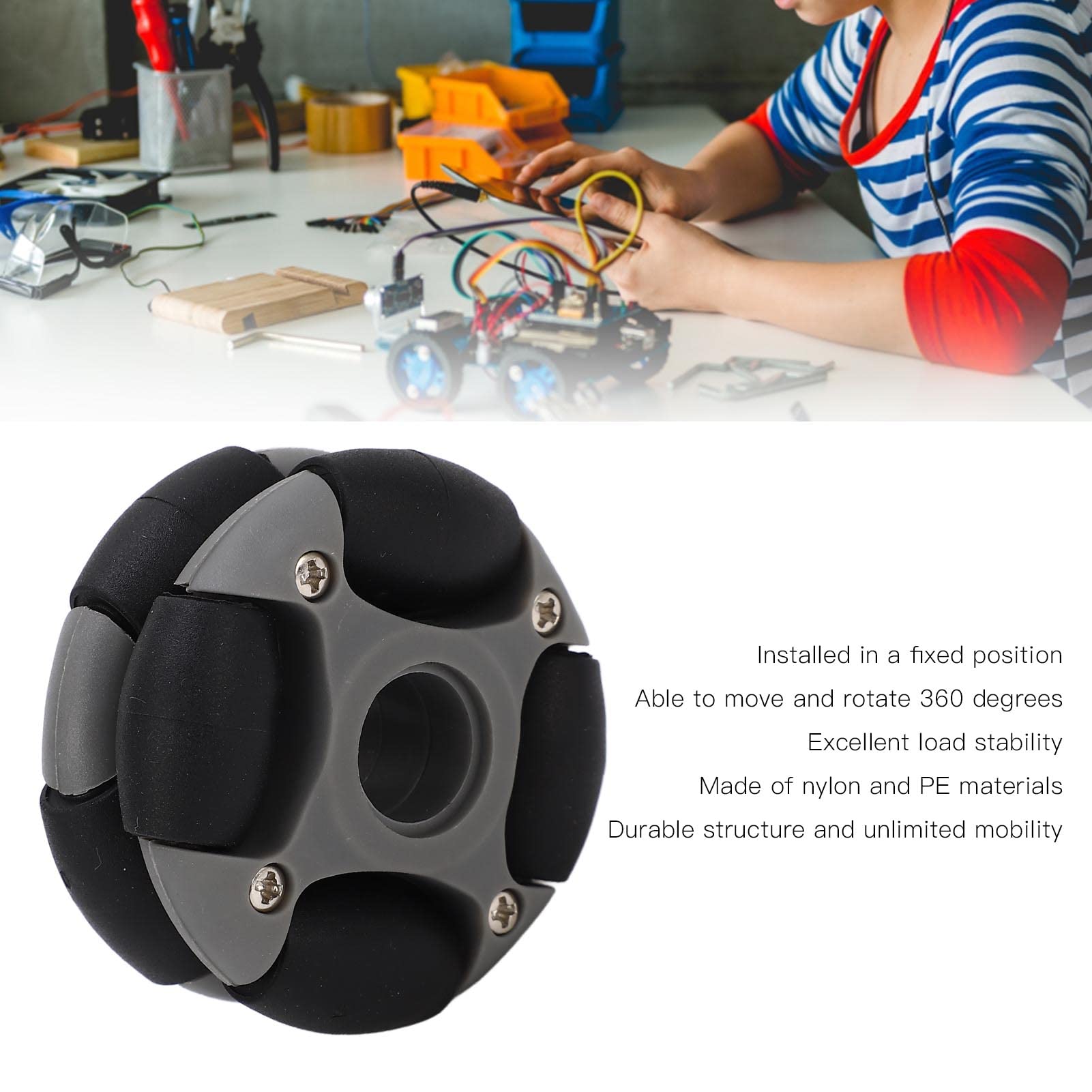 Baxnore 48 mm roue omnidirectionnelle double rangée de roue multi-directions remplacement de roue omni roue 14036 pour l'industrie du robot nylon durable pe gris noir 48 mm diamètr