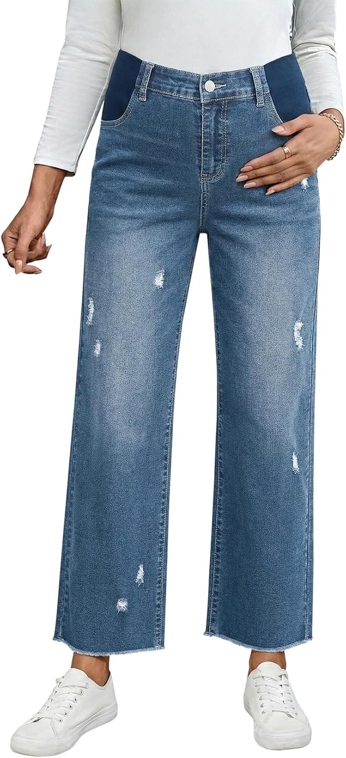 BLENCOT Maternity Jeans for Women Ripped Wide Leg Stretchy Denim Pants Raw Hem Pregnancy Wear for All Trimesters