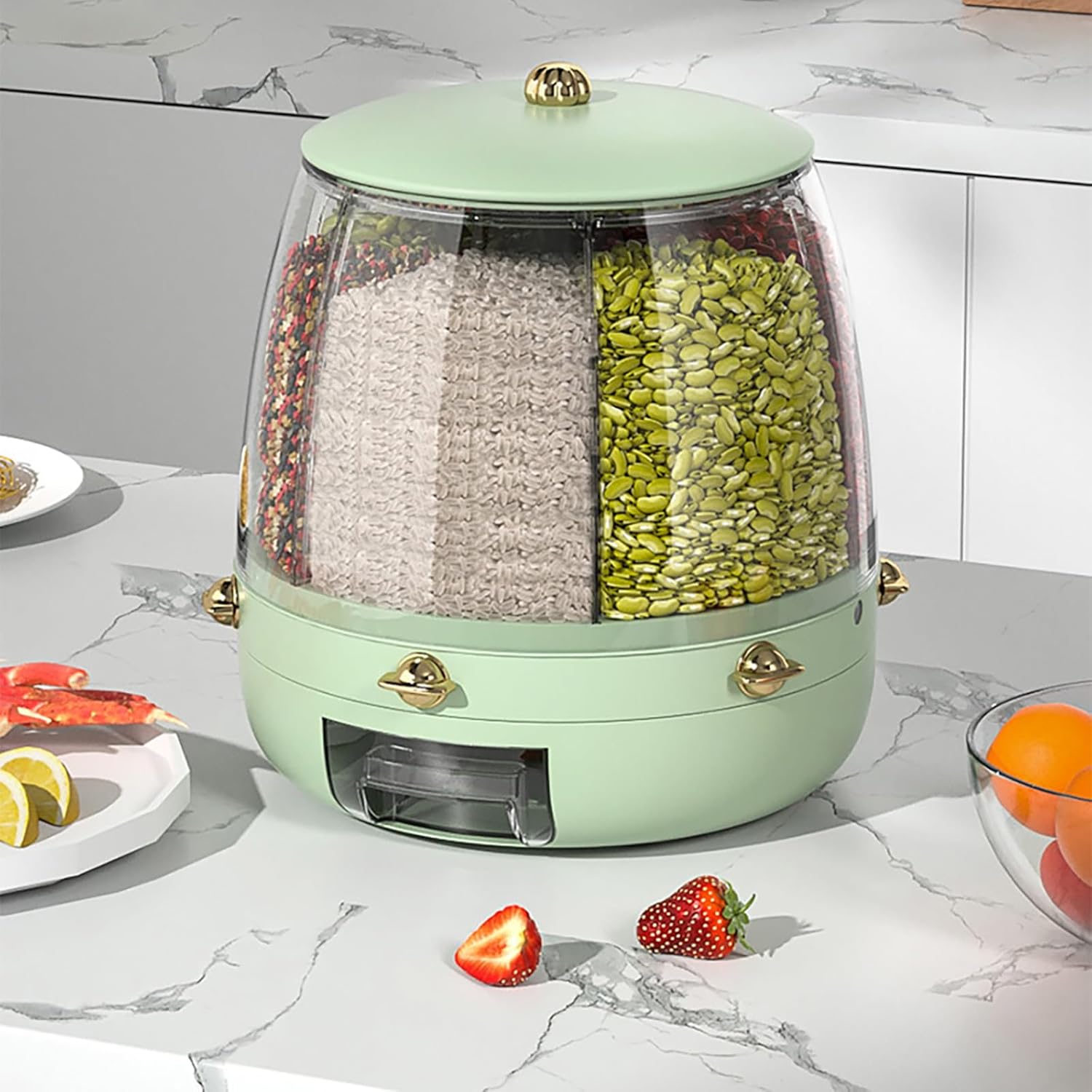 Aupekro Rice and Grain Storage Container, 22Lbs Large Capacity 6 Grid Food Dispenser, 360° Rotating Grain Storage Container with Airtight Lid for Beans, Rice, Peanut, Barley, Millet (Light Green)