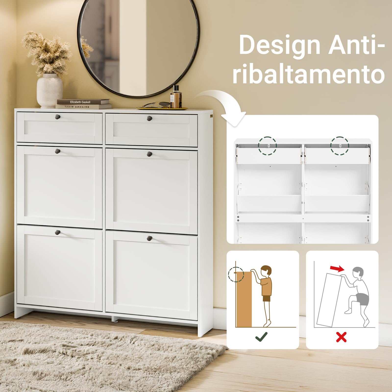 SoBuy Scarpiera Salvaspazio Slim, Scarpiera In Legno Bianco, Mobile Ingresso con 4 Ante a Ribalta e 2 Cassetti, a 12 Paia di Scarpe, Con Protezione Antiribaltamento, 100x19x107cm FSR208-W
