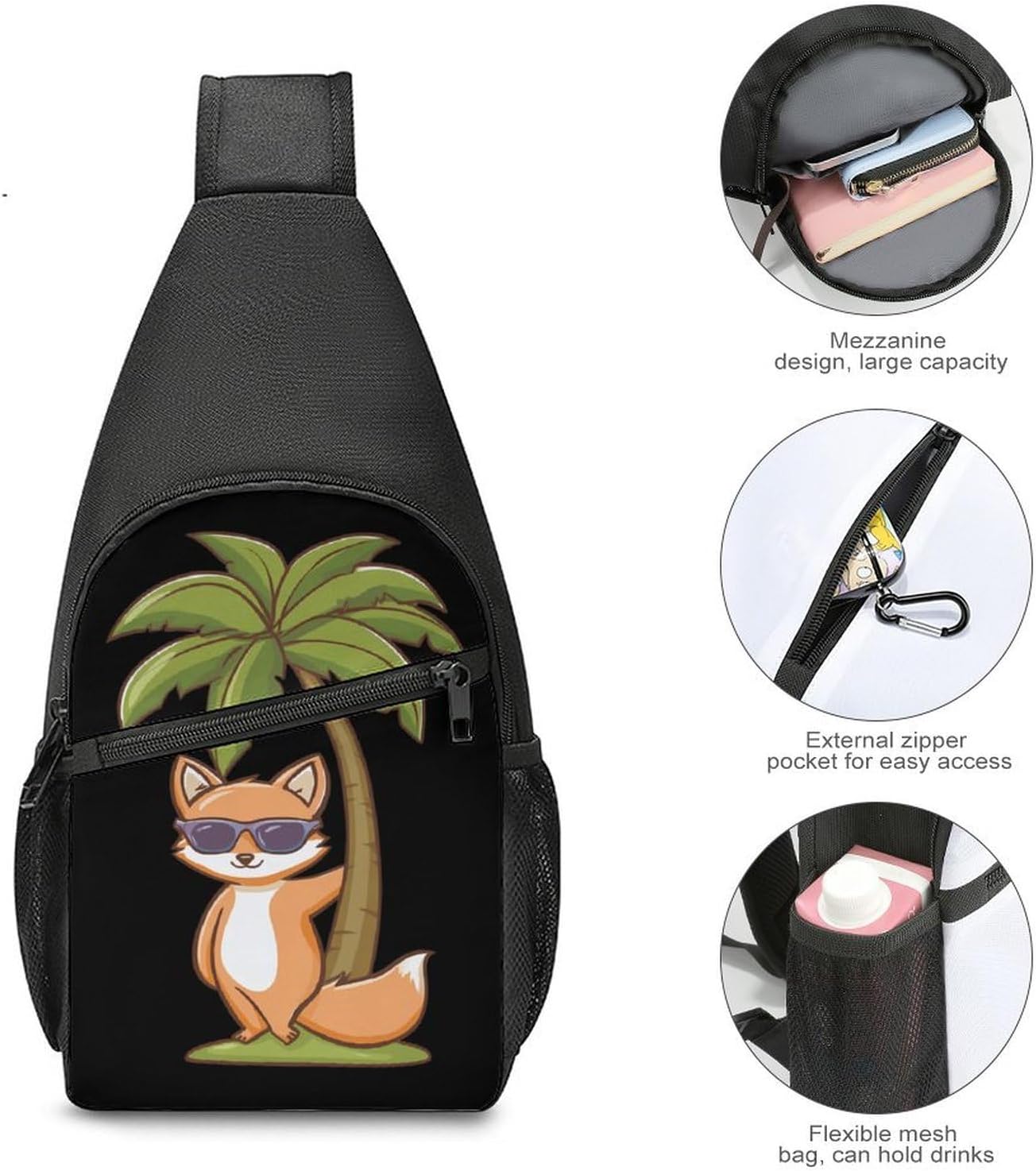 Kawaii Fox Palms Trees Crossbody Sling Backpack Chest Bag Daypack | unisex,trendy,with convertible and detachable shoulder strap,side pockets