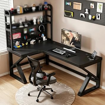 Gaming Desk L-Shaped Computer Desk 1.0 inch 2.5 cm Thick Natural Wood Core Top Sheet L-Shaped Desk with Left and Right Type Selectable Desk PC Desk L-Shaped with Perforated Board with Rack