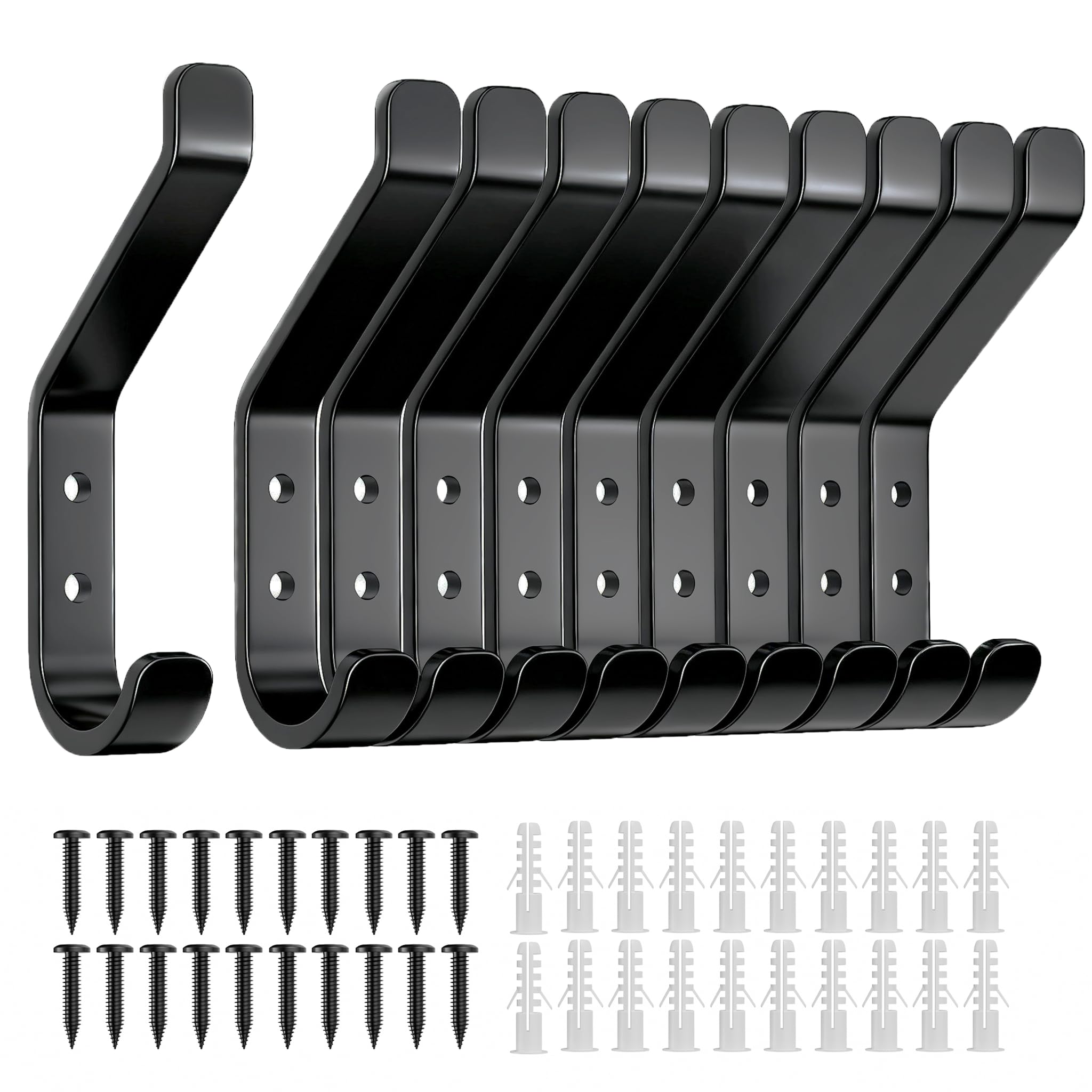 10-Pack Wall Hooks for Hanging Coat: 10KG Metal Strong Hook with Screw, Individual Hangers for Clothes Towel, for Bathroom Door, Black 10cm