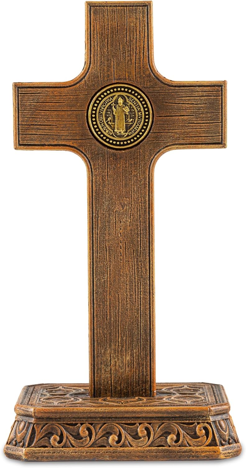 DevotedWalls 6.45" H Saint Benedict Medal Crucifix,Catholic Small Standing Crucifix for Church,Gold-Toned Crucifix with Base,Religious Saint Benedict Sculpture for Table,Mantel,Altar,Standing Jesus Christ Cross for Home(Golden Color for Corpus)