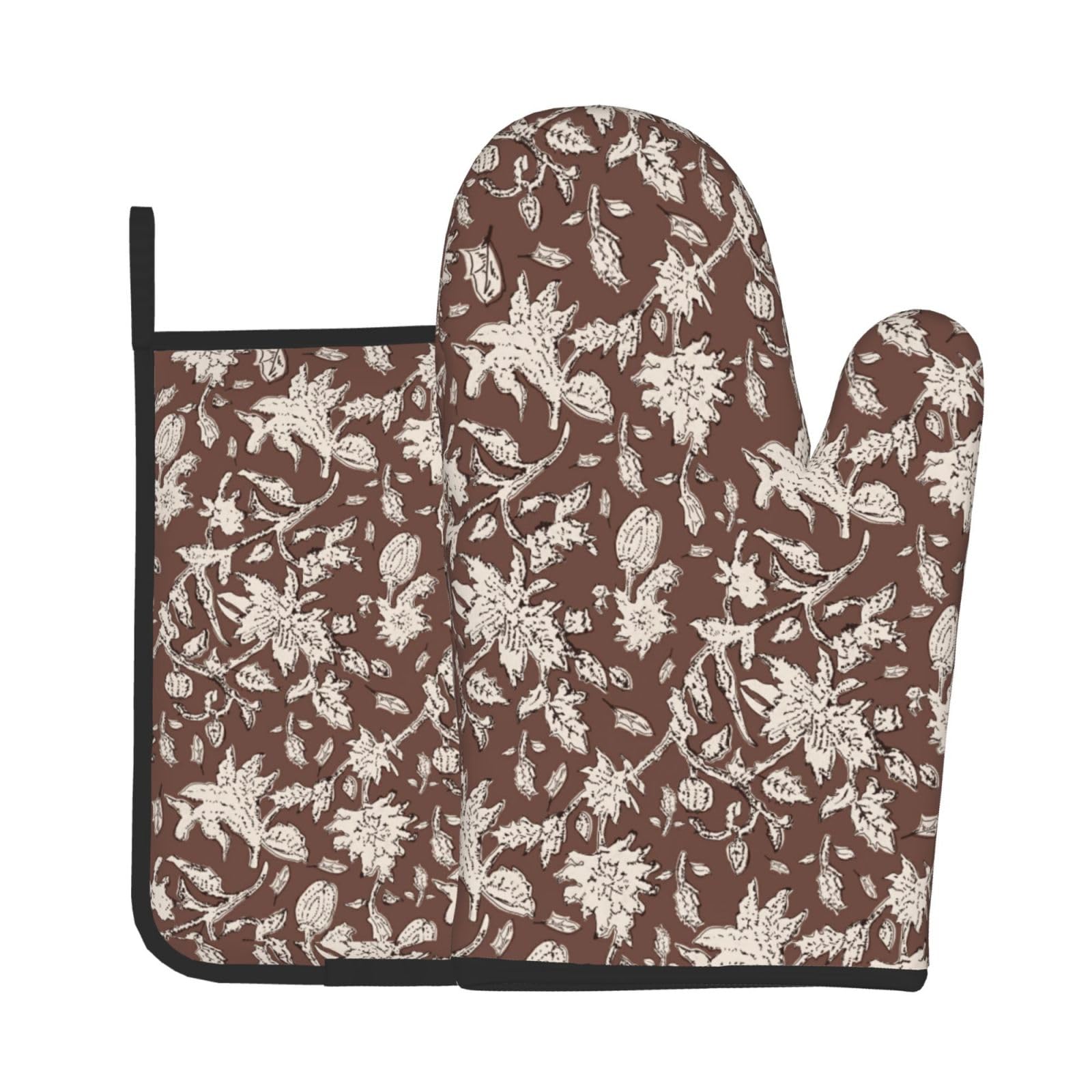 Vintage Block Print Brown Oven Mitts and Pot Holders Sets Floral Vine Oven Mitts Heat Resistant Flowers Kitchen Gloves Hot Pads Two Piece Set for Cooking Baking Grilling BBQ