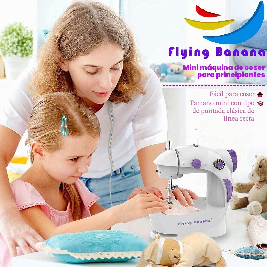 Flying Banana Mini máquina de coser con mesa de extensión mejorada, hilo doble ajustable portátil de 2 velocidades con kit de máquina de coser eléctrica con pedal para niños principiantes