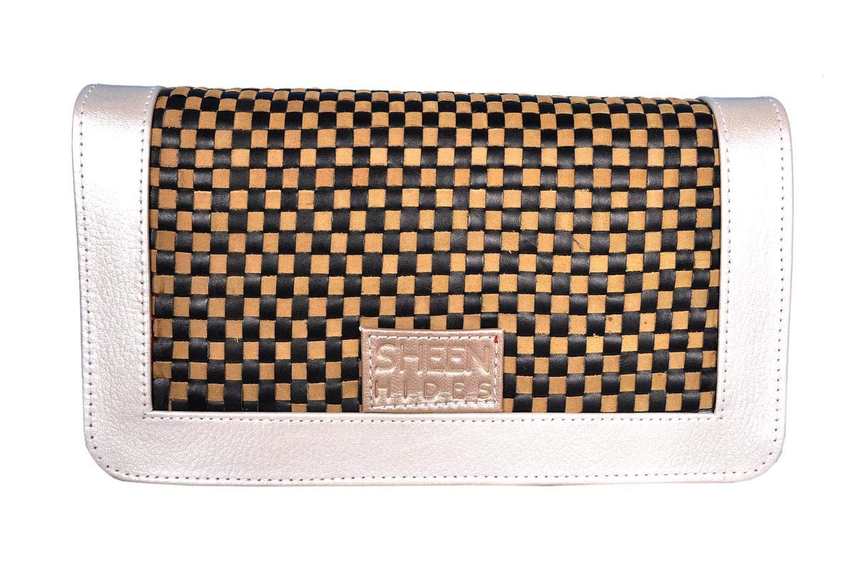 SHEEN HIDES Pure Leather Double Compartment Cross Body Sling Bag for Girls/Women - Shiny Gold/Black Checked