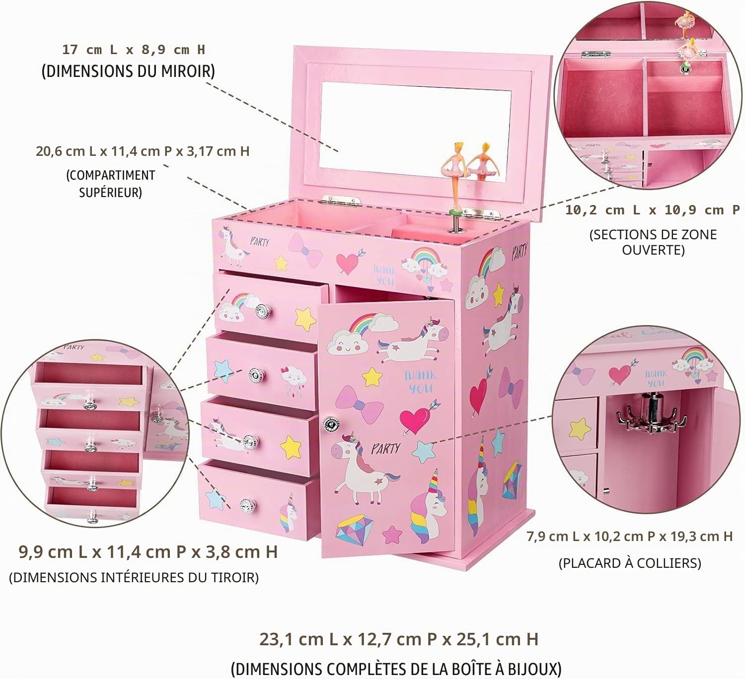 Redcoutt Boîte à Bijoux pour Fille avec 5 Couches, Porte Battante, Ballerine Rotative, Licorne et Château, Cadeau d'anniversaire pour Fille