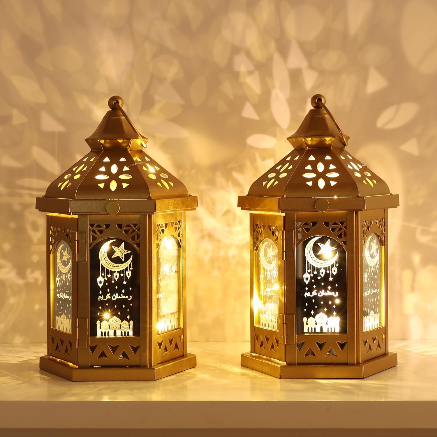 DECORKEY Ramadan Decorations for Home, 2 PCS 11''H Metal Decorative Candle Lantern for Tabletop Mantel Decor, Vintage EID Mubarak Lantern Candle Holders for Indoor Outdoor Decor Gift