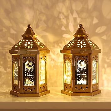 Ramadan Decorations for Home, 2 PCS 11H Metal Decorative Candle Lantern for Tabletop Mantel Decor, Vintage EID Mubarak Lantern Candle Holders for Indoor Outdoor Decor Gift