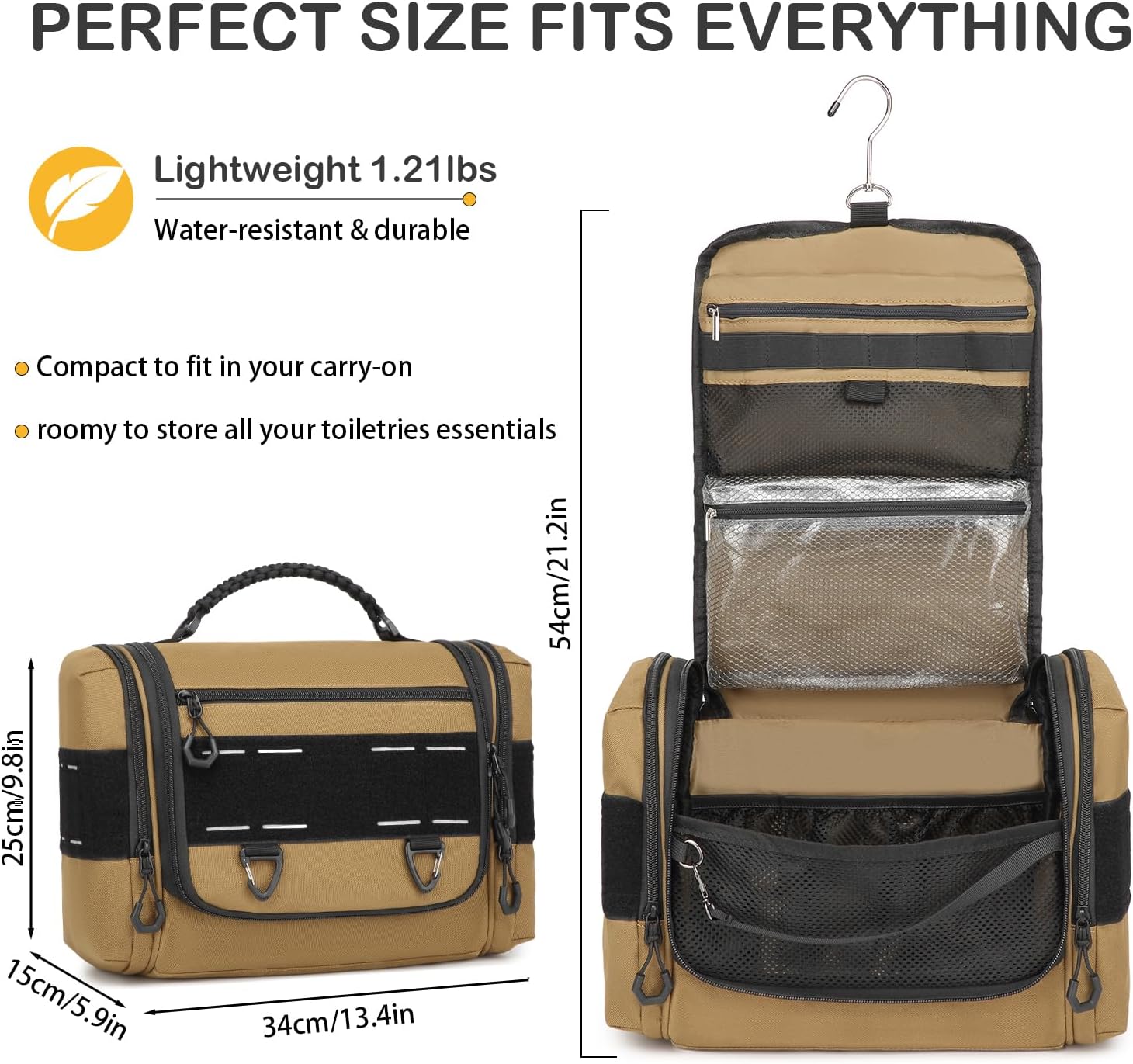 Tactical Toiletry Bag for Men - Hanging Dropp Kit Mens Toiletry Travel Bag for Toiletries, Traveling & Shaving Kit, Portable Hygiene Bag Shower Bathroom Organizer with Handle & Hook, Brown