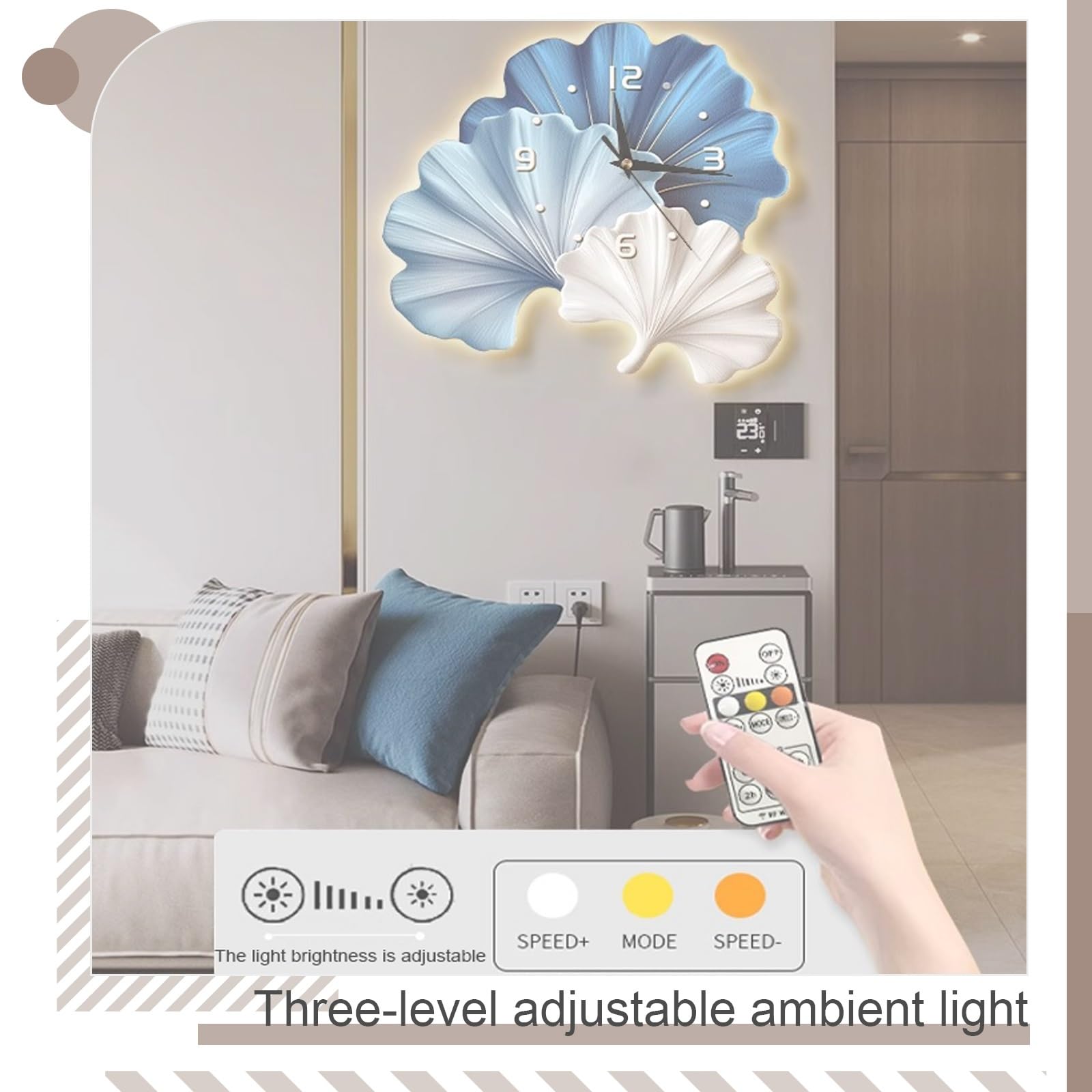 Precioso Reloj de Pared con luz LED, Reloj de Pared Decorativo de Porcelana y Cristal, Ideal para Tiendas, oficinas y Salones(Gray,60 * 60cm/2.6 * 23.6in)