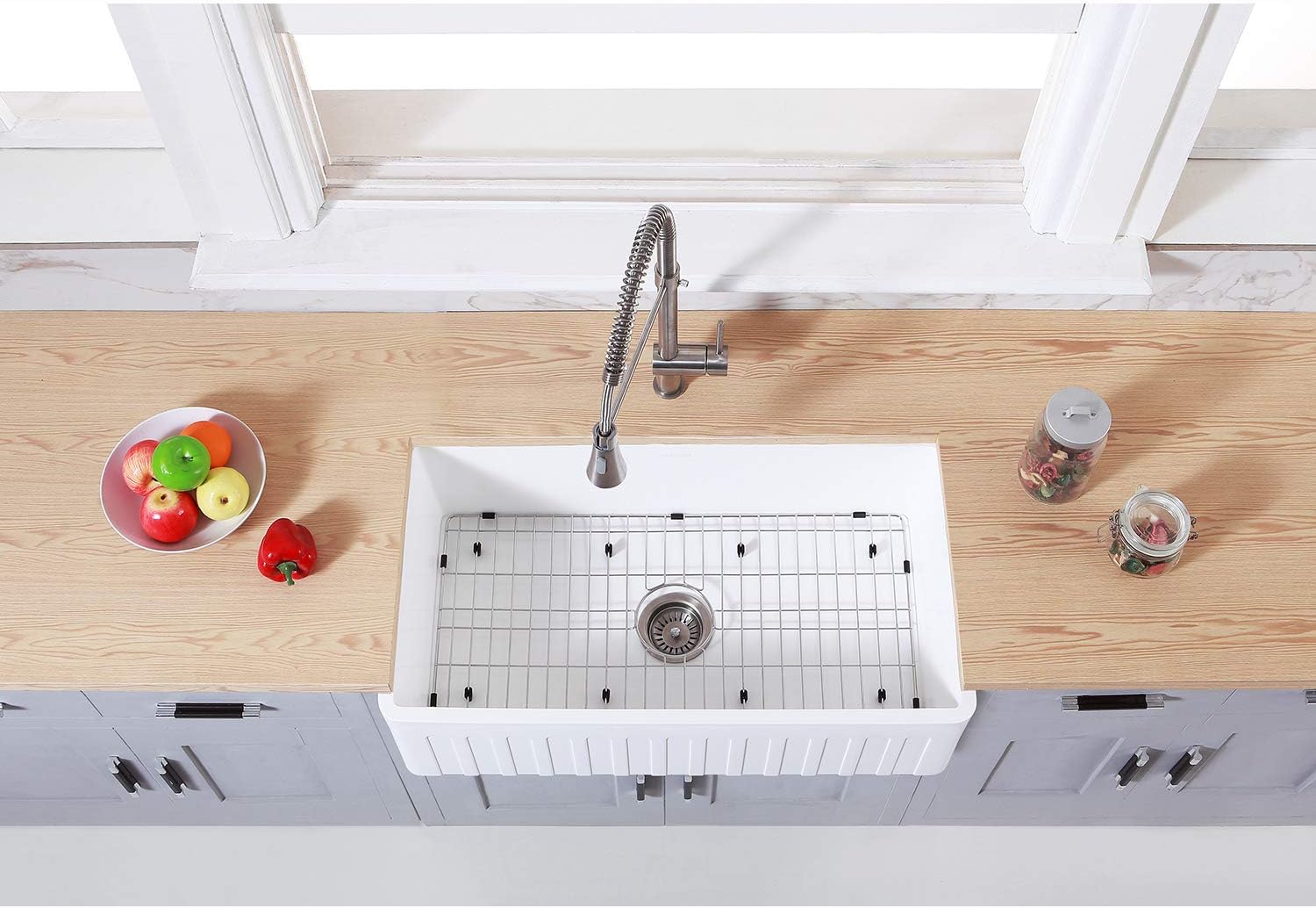 Gourmetier KGKFA361810CD 36-Inch x 18-Inch Single Bowl Apron-Front Farmhouse Kitchen Sink with Drain, Matte White/Brushed