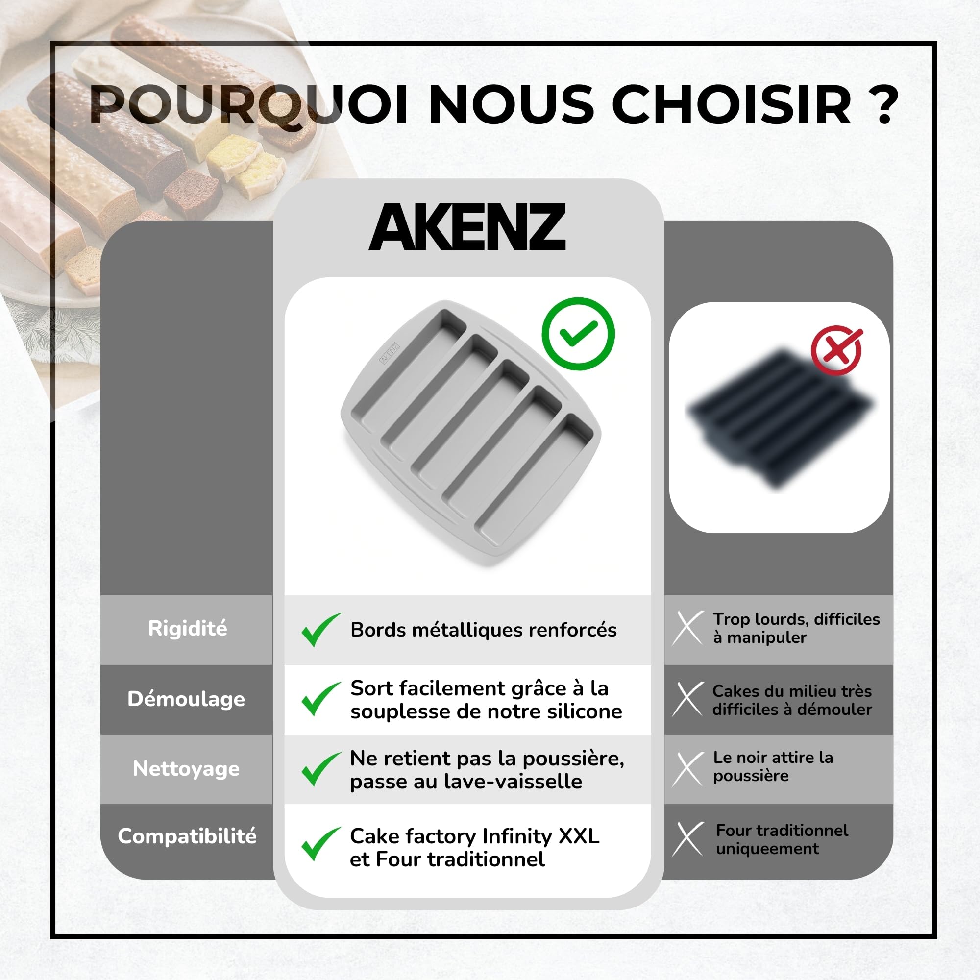 AKENZ - Moule 5 cake long multi mini apéritif apero compatible Cake Factory Infinity XXL en silicone platinum petit, patisserie, brioche, pain rectangulaire + E-BOOK OFFERT