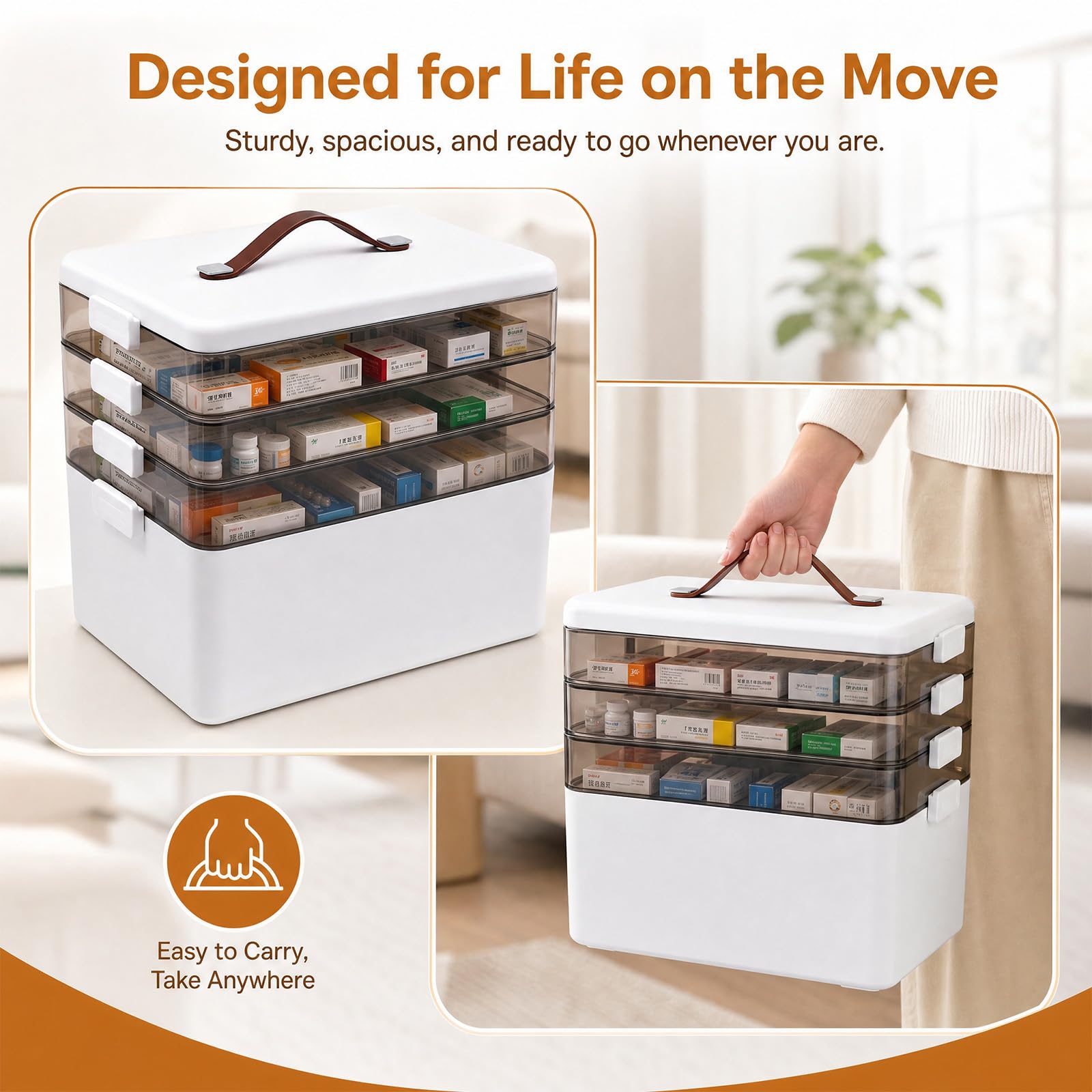 Contenitore per medicinali a 4 piani, grande, 34 x 31 x 22 cm, con maniglia per il trasporto, organizer per medicinali con vassoio rimovibile, scatola vuota in plastica di primo soccorso per casa