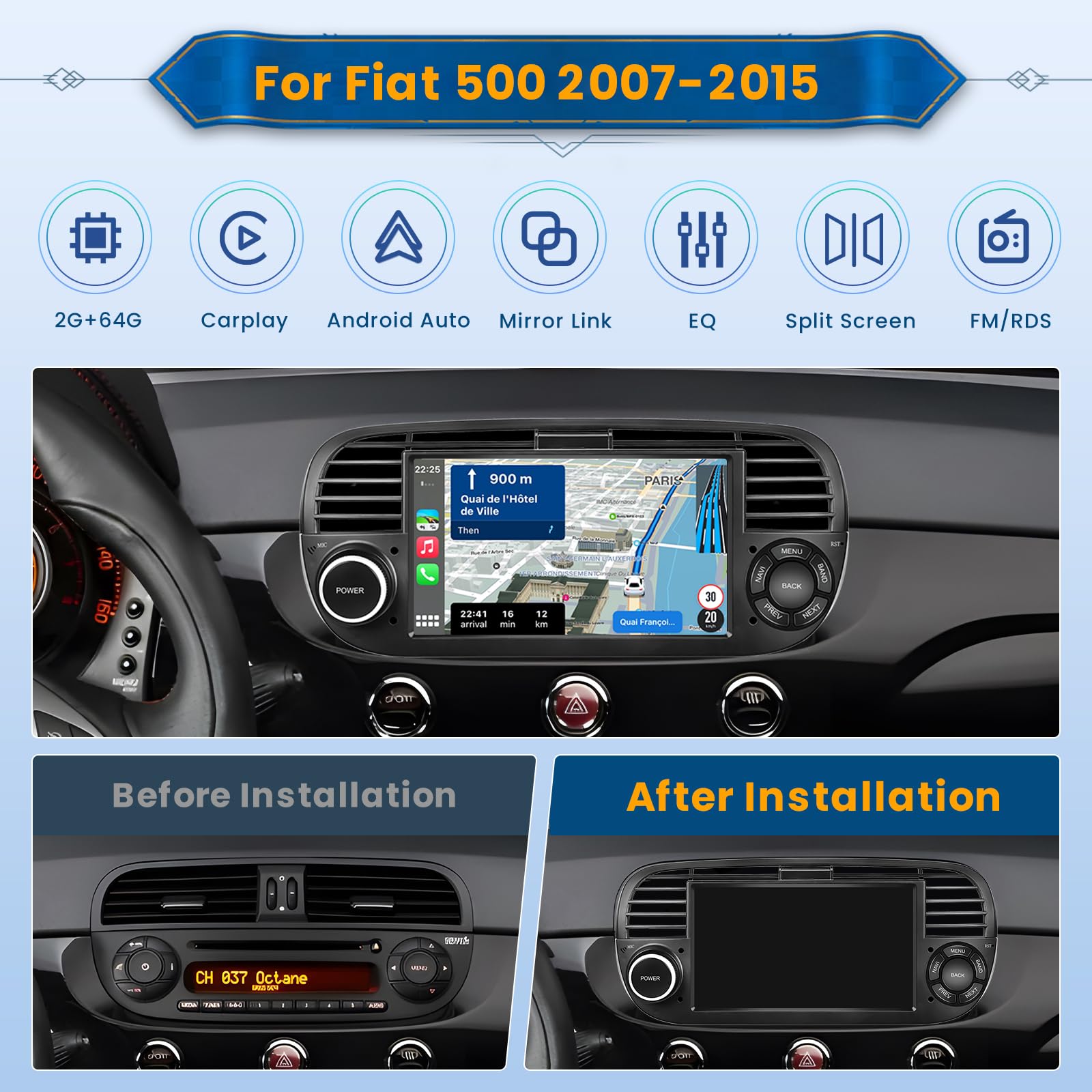 4G 64G] Inefala car radio for FIAT 500 2007-2015, 9 touch screen