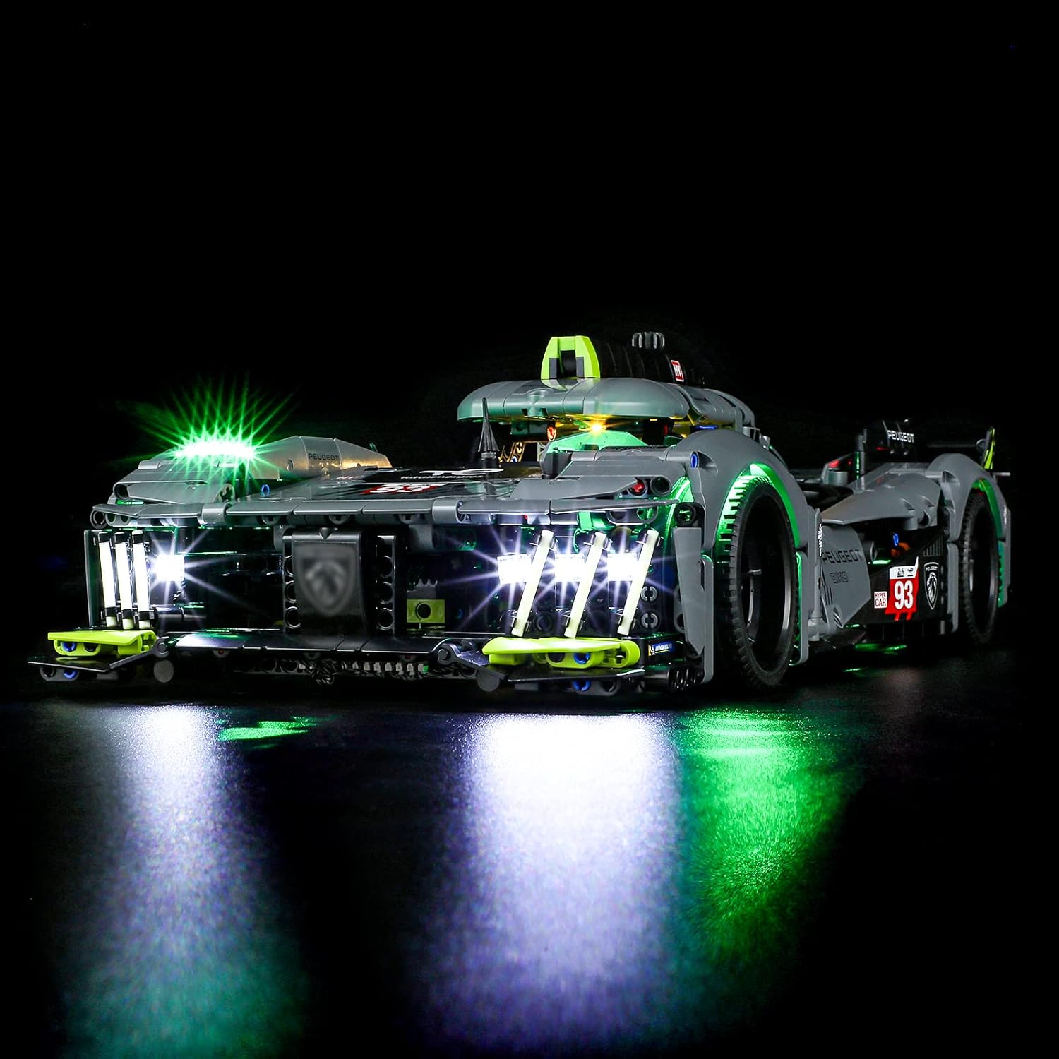 Front view of the LEGO Technic Peugeot 9X8 24H Le Mans Hybrid Hypercar illuminated by the BRIKSMAX LED kit