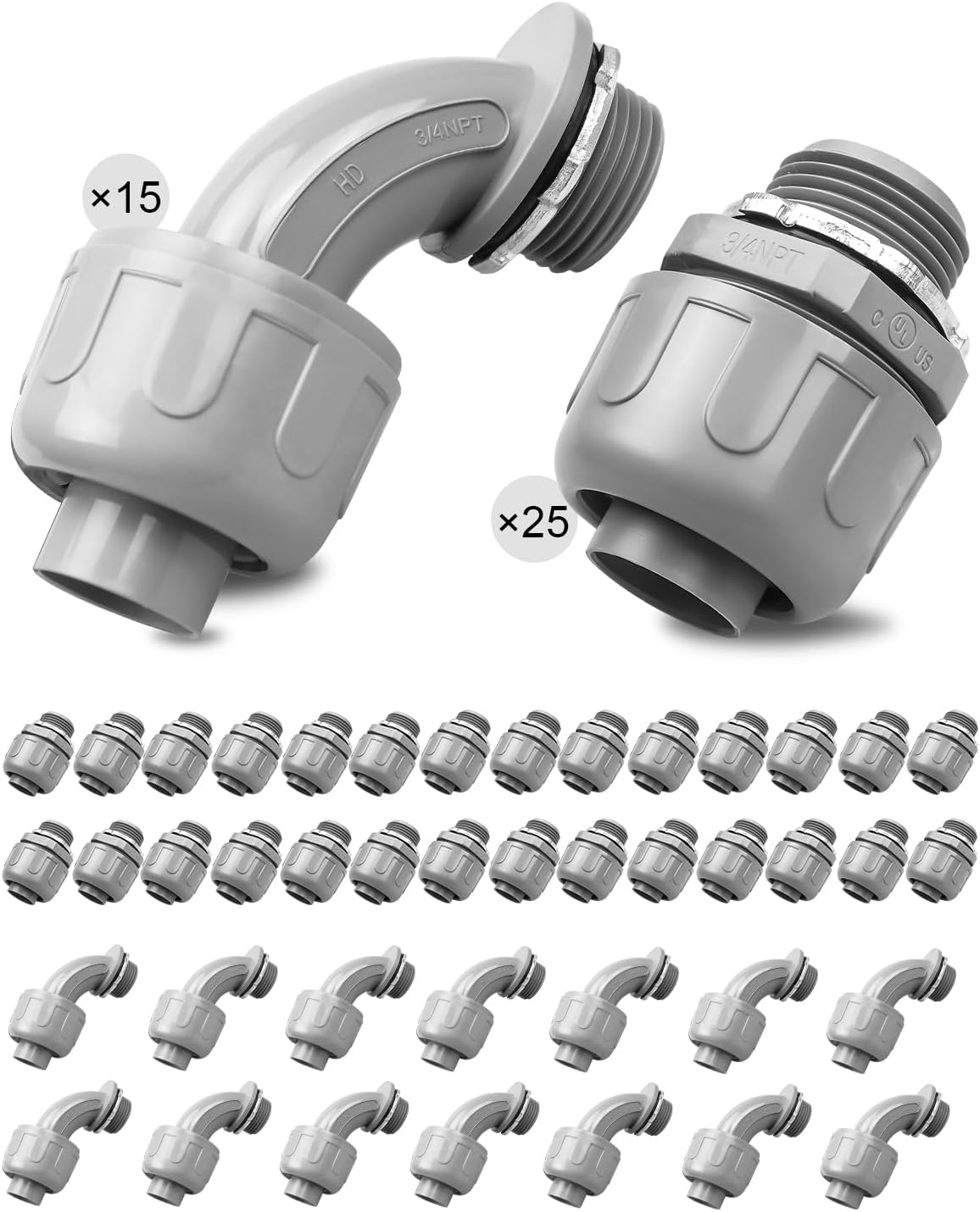 TADYAO 40 Pack 3/4" Liquid Tight Connector, PVC Flexible Conduit Fittings, Non-Metallic Electrical Conduit Fittings, UL Listed (Pack of 25 180°+15 90°)