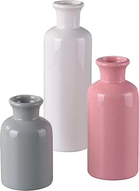 White/Pink/Gray Vase for Decor Set of 3, Ceramic Rustic Vase for Decor, Modern Farmhouse Vase for Bookshelf, Living Room, Office