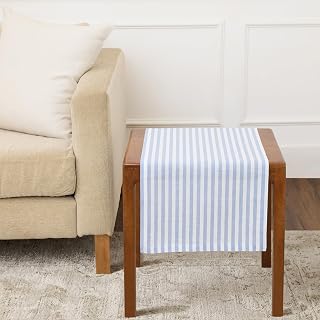 Solino Home 100% Linen Table Runner, 14 x 36 in, Sky Blue and White Striped