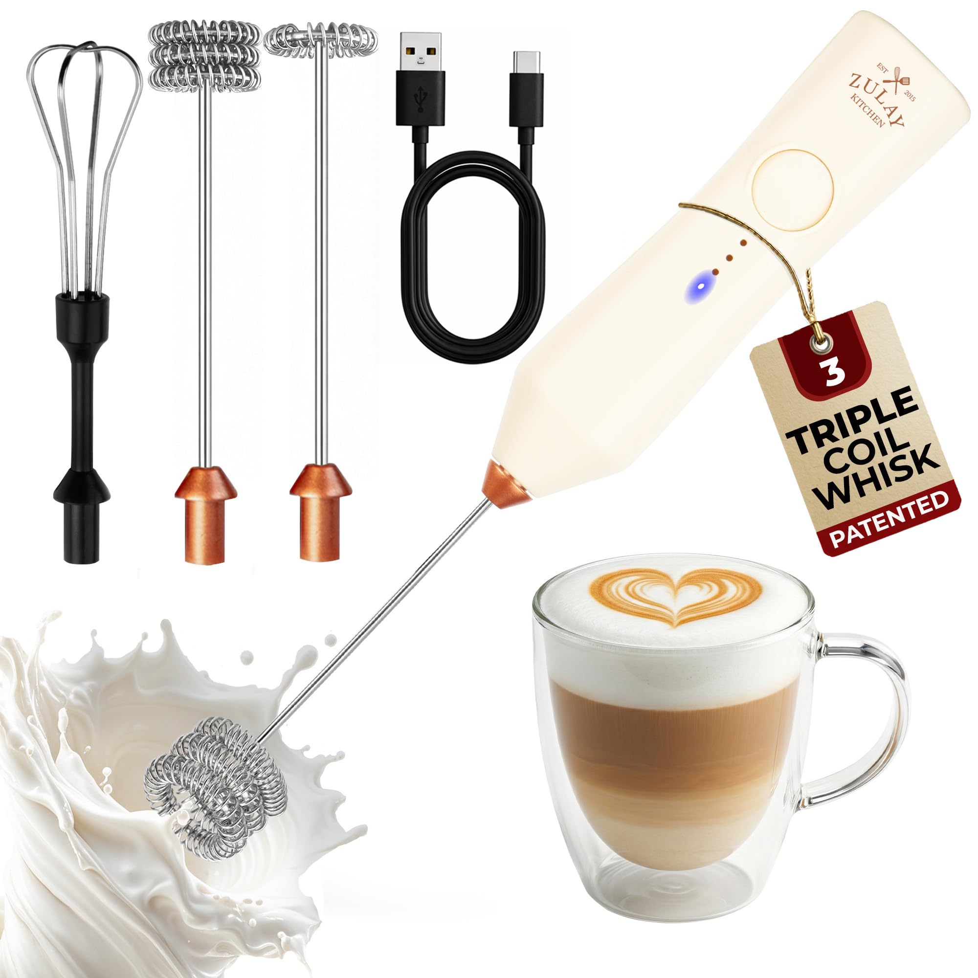 Zulay Kitchen Rechargeable Milk Frother Handheld - Frother Wand, Drink Mixer, Electric Whisk Frother, for Cappuccinos, Matcha &amp; Protein Powder - Dynamic 3 Whisk, 3 Speed 500mAh Cream Gold