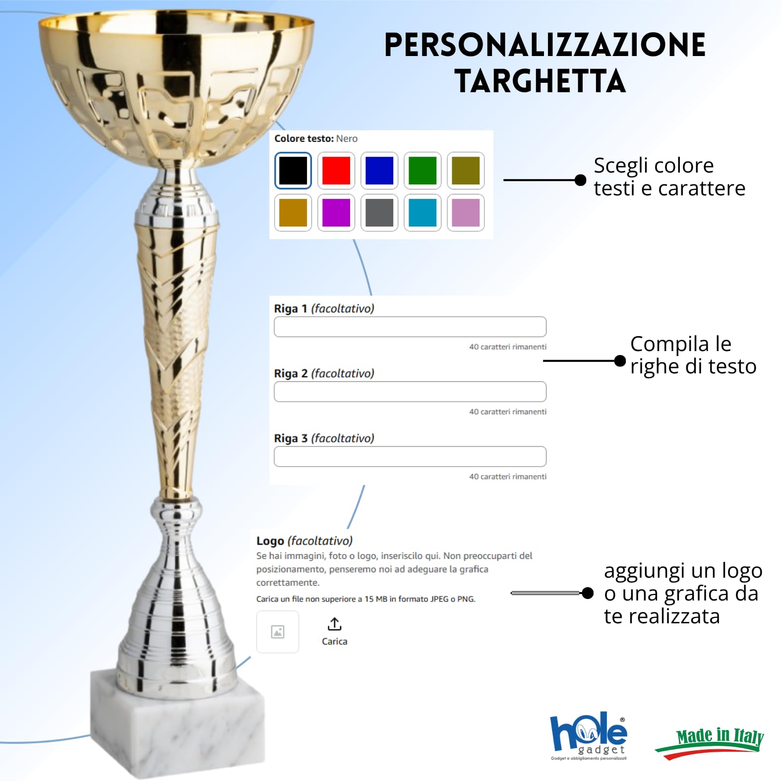Coppa Trofeo Personalizzati, Premiazioni Singole o in Set Completi, Sportivi per Eventi, Calcio, Fantacalcio, Basket, Padel, Personalizzabile su Targhetta cod. 10.031