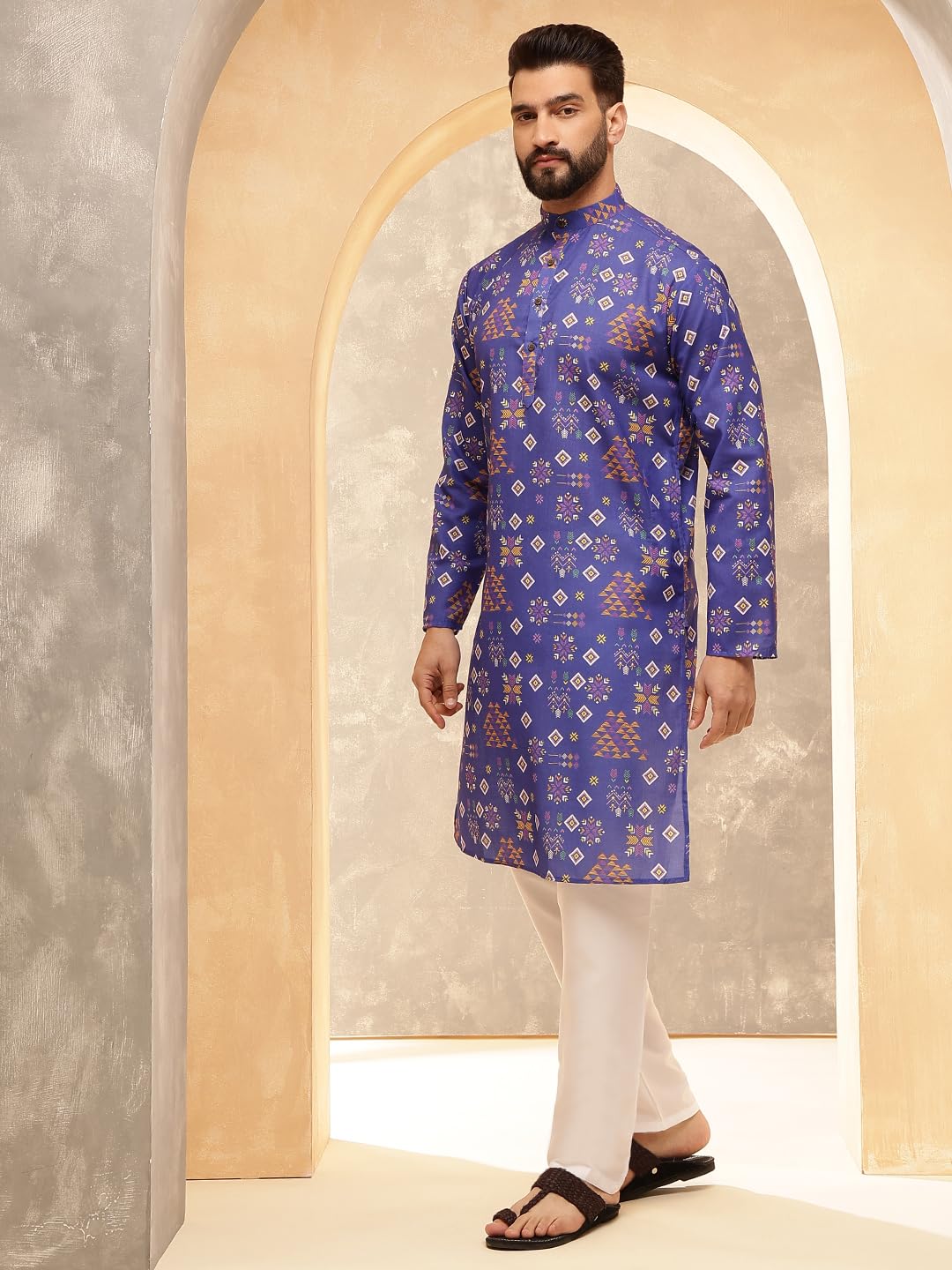 Sojanya (Since 1958 Men's Cotton Linen Ethnic Motifs Printed Blue Only Long Kurta