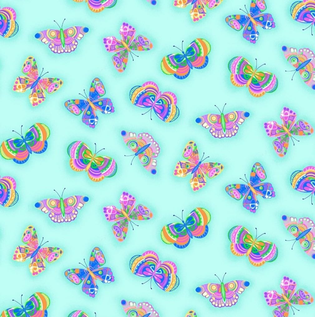 Rainbow Butterflies on Turquoise Comfy Cotton Flannel Fabric by The Yard