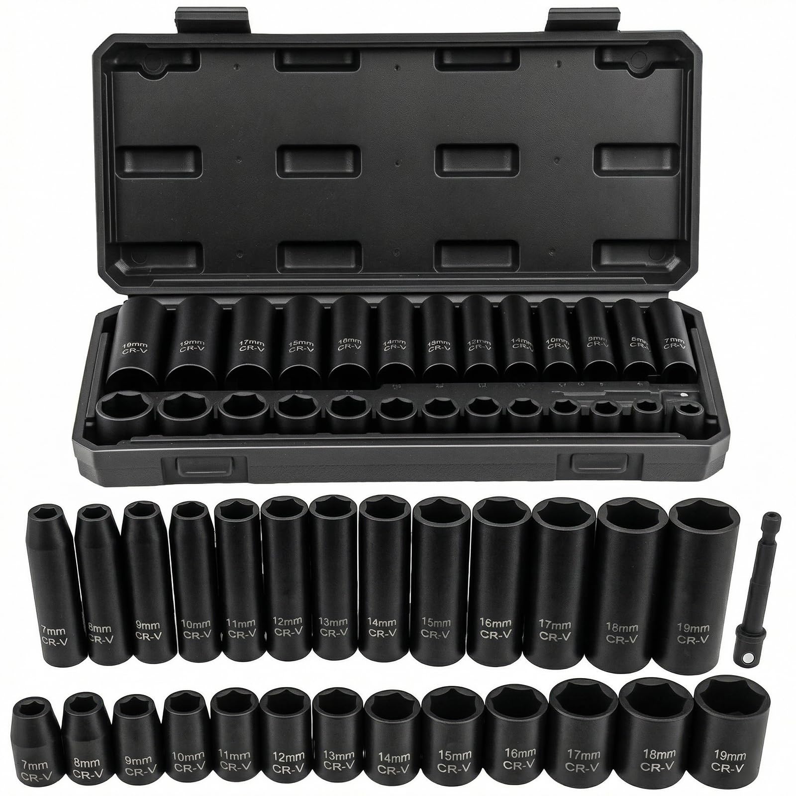 27 tlg Schlagschrauber Nuss Set 3/8 Zoll Antrieb aus Cr V Stahl, metrisch 7 mm bis 19 mm, tiefe und flache Stecknüsse mit 1 4 Zoll Adapter für Auto und Motorrad Reparatur