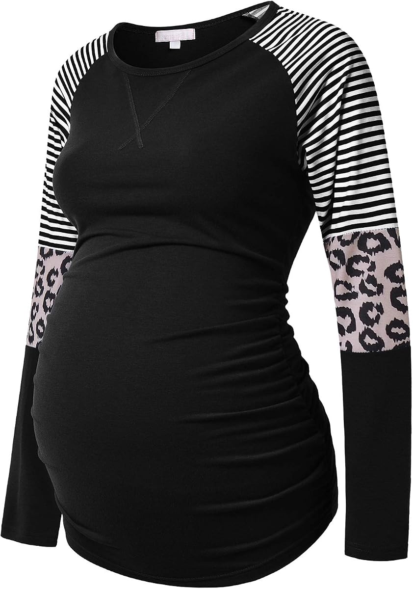 Long Sleeve Maternity T-Shirt Colorblock Baseball Tee Casual Pregnancy Tunic Top