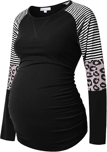 Bhome Long Sleeve Maternity T-Shirt Colorblock Baseball Tee Casual Pregnancy Tunic Top