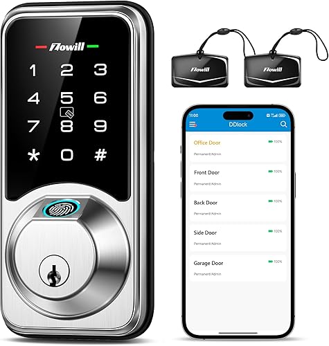 Cerradura inteligente de cerrojo, cerradura de puerta de huellas dactilares Zowill con control de aplicación, cerradura de puerta inteligente 7 en 1